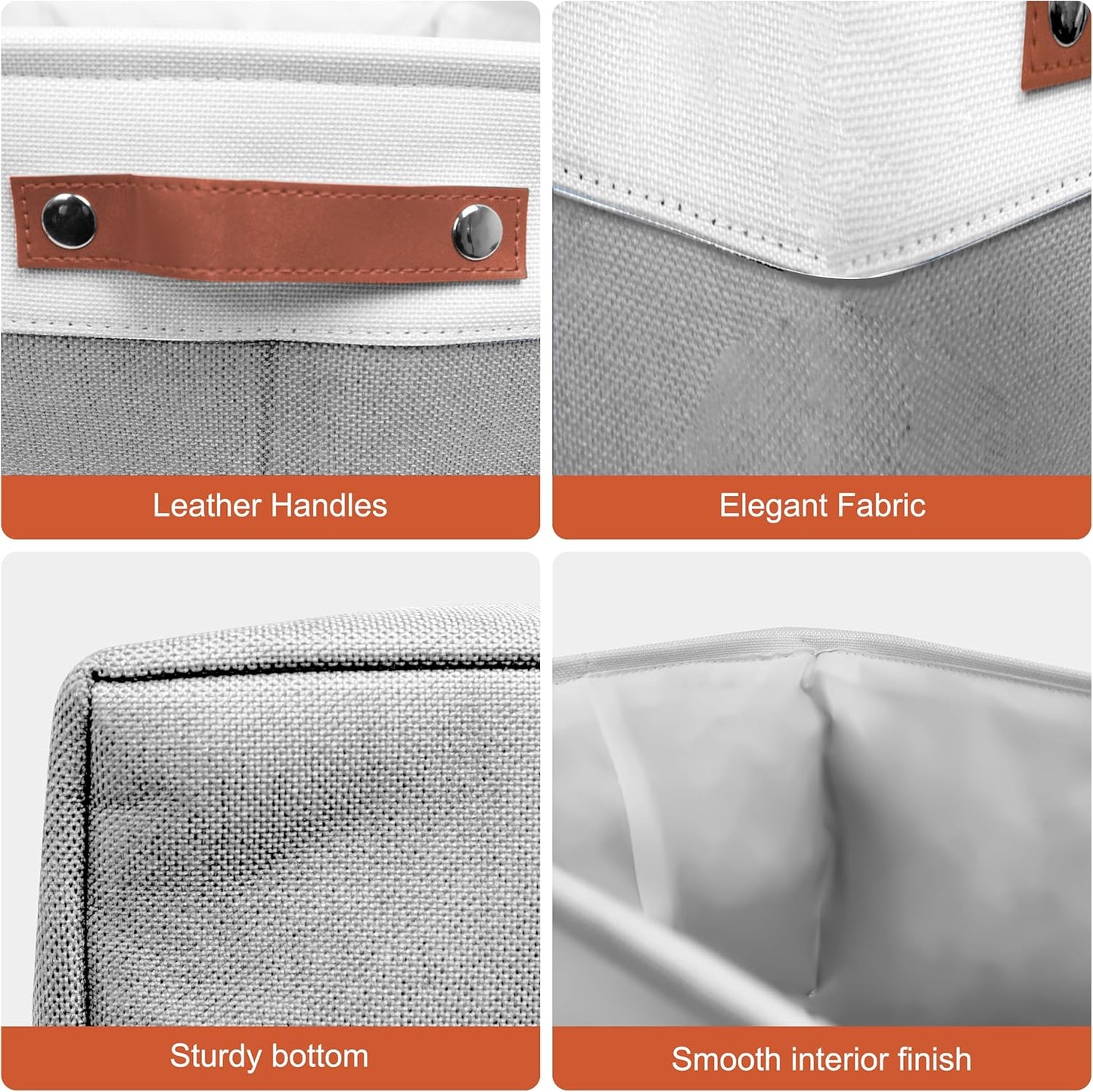 11in Open Fabric Storage Basket with Leather Handles for Organizing, Collapsible Linen Closet Bins for Shelves, Closets, Laundry, Decorative Basket for Gifts. (White＆Gray, 3PCS/11x11in)