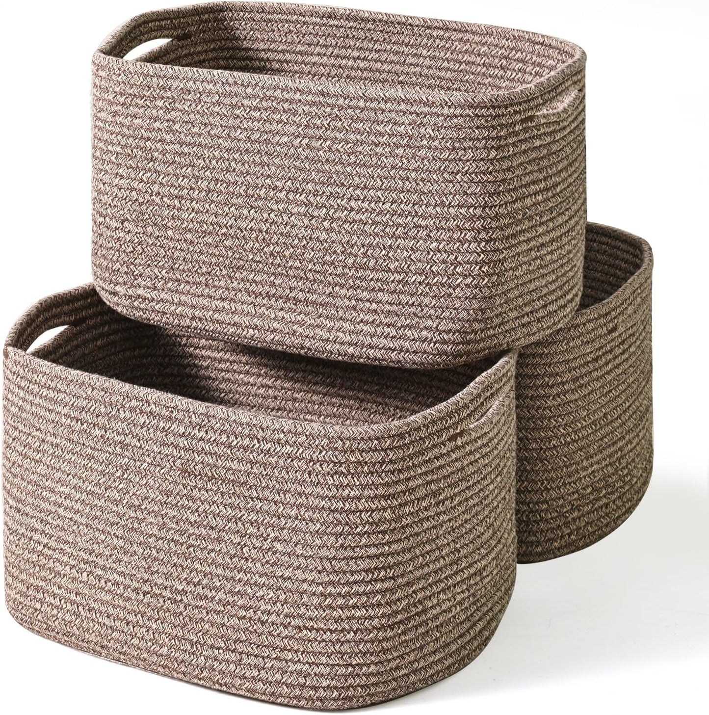 Storage Baskets for Organizing Shelves, Woven Cotton Rope Bins for Baby Nursery Organization, Book Toy Towel Organizer, 15"x11"x9.5", 3 Packs, Dark Brown