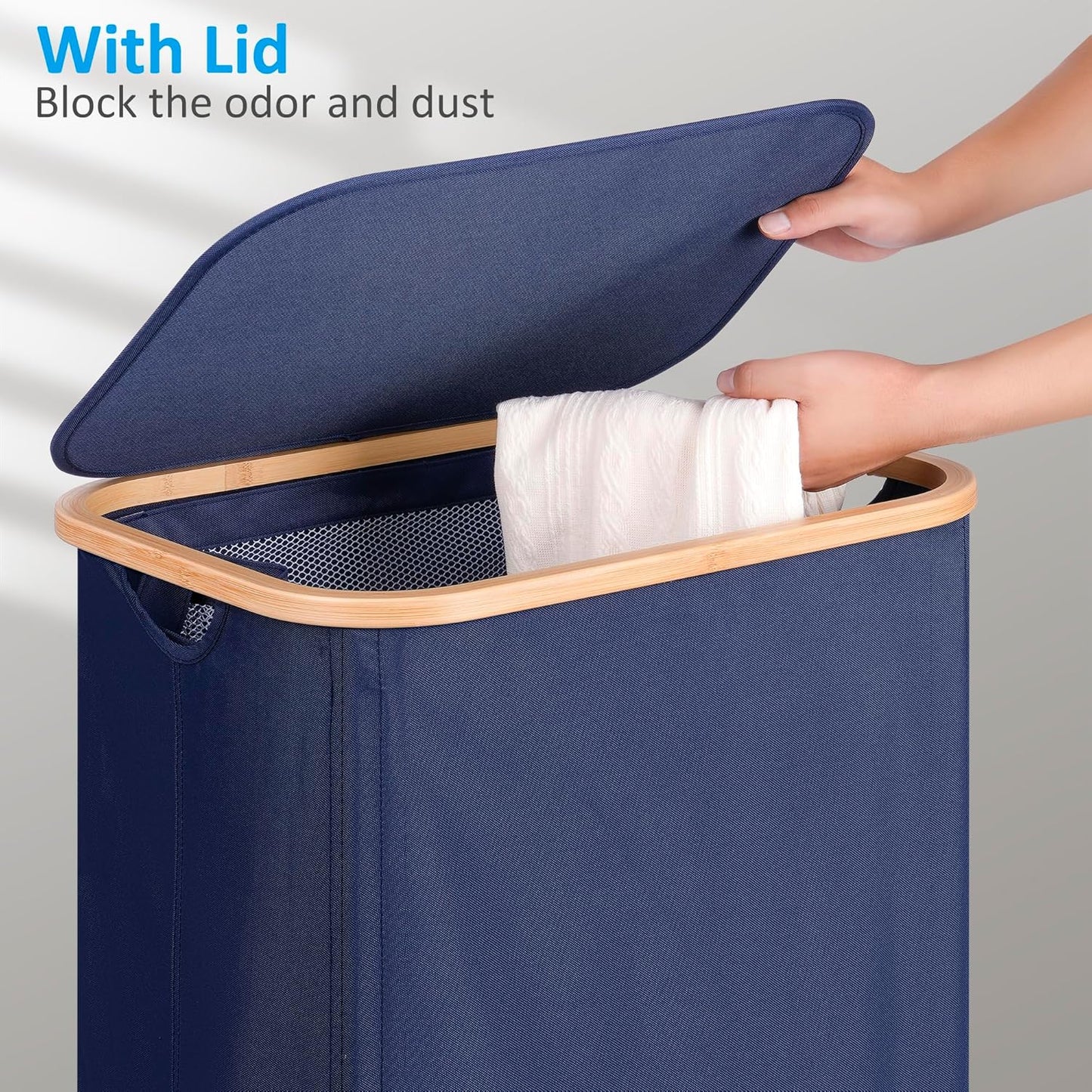 efluky Laundry Basket with Wheels, Tall Rolling Laundry Hamper with Lid and Removable Bag, Aesthetic Dirty Clothes Hamper on Wheels for Laundry Room, Bedroom, Dorm and Bathroom, 100L Blue