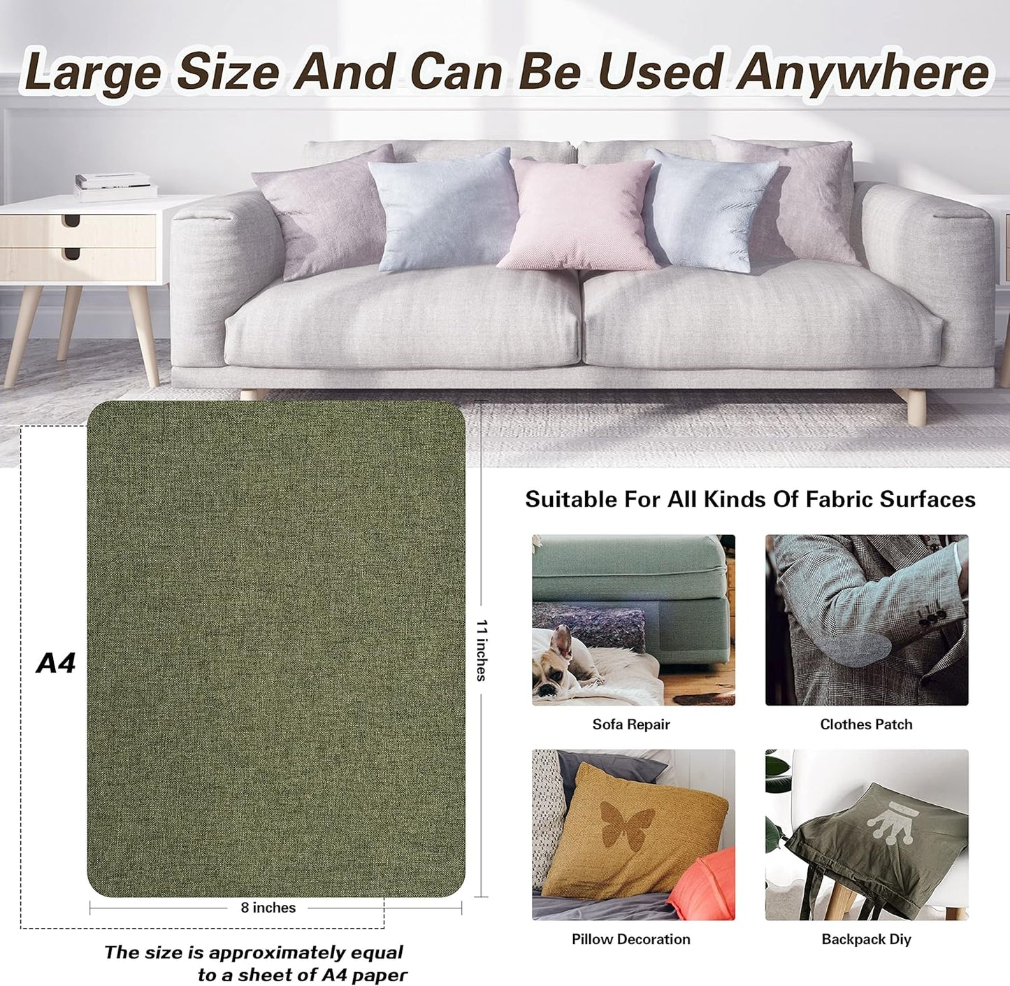 KING MOUNTAIN Fine Linen Repair Patches, Self-Adhesive Fabric, 8X11 Inch 2 PCS, Multi Color for Sofa and Clothes (Grass Green)