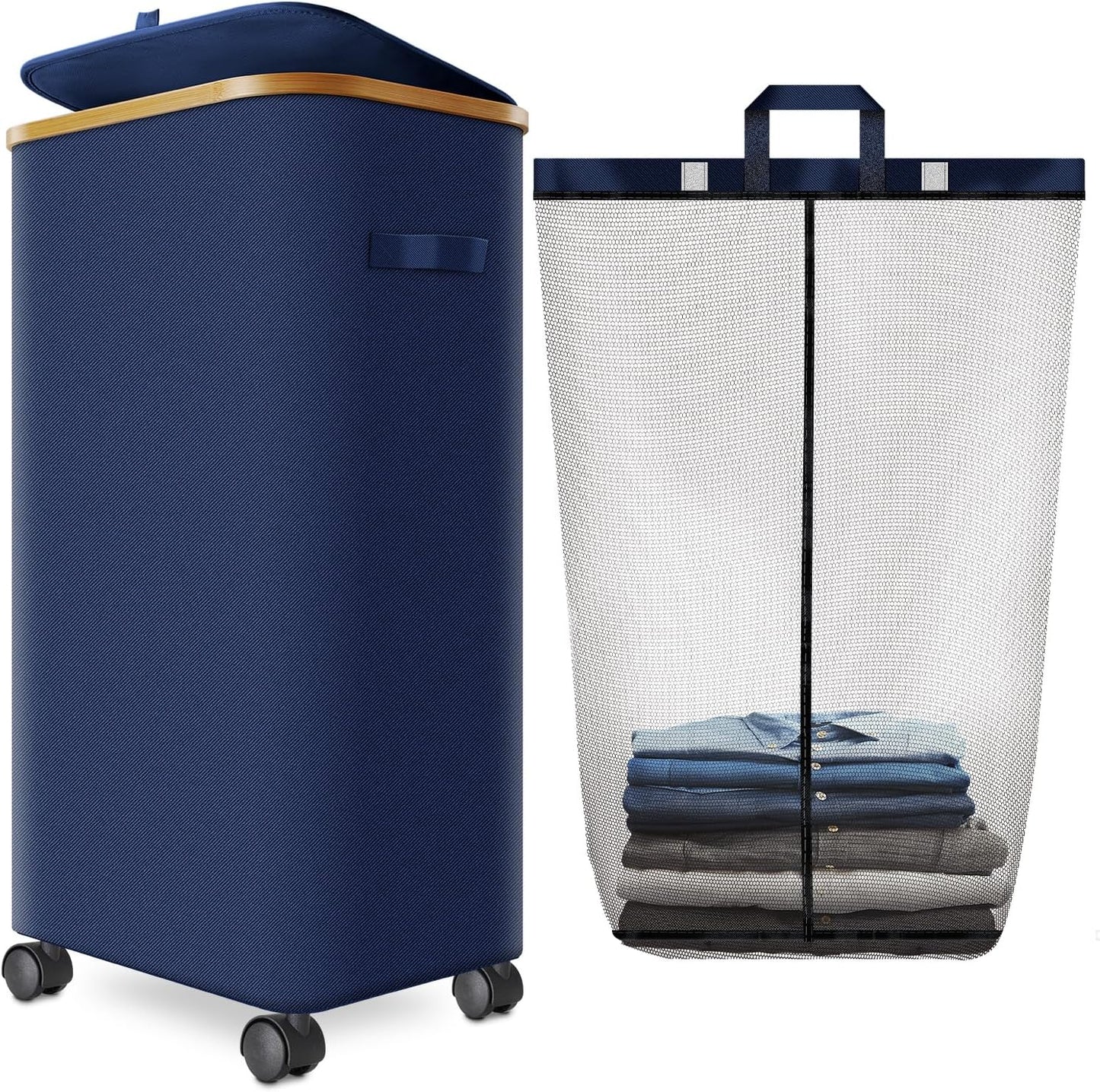 Laundry Hamper with Wheels,29 Gal (110L) Laundry Basket with lid Rolling Clothes Hamper Foldable Dirty Clothes Basket on wheels with Bamboo Frame and Bag for Bedroom, Dorm, Laundry Room-Blue
