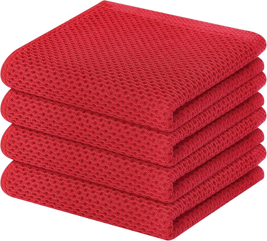 Homaxy 100% Cotton Waffle Weave Kitchen Dish Towels, Ultra Soft Absorbent Quick Drying Cleaning Towel, 13 x 28 Inches, 4-Pack, Red