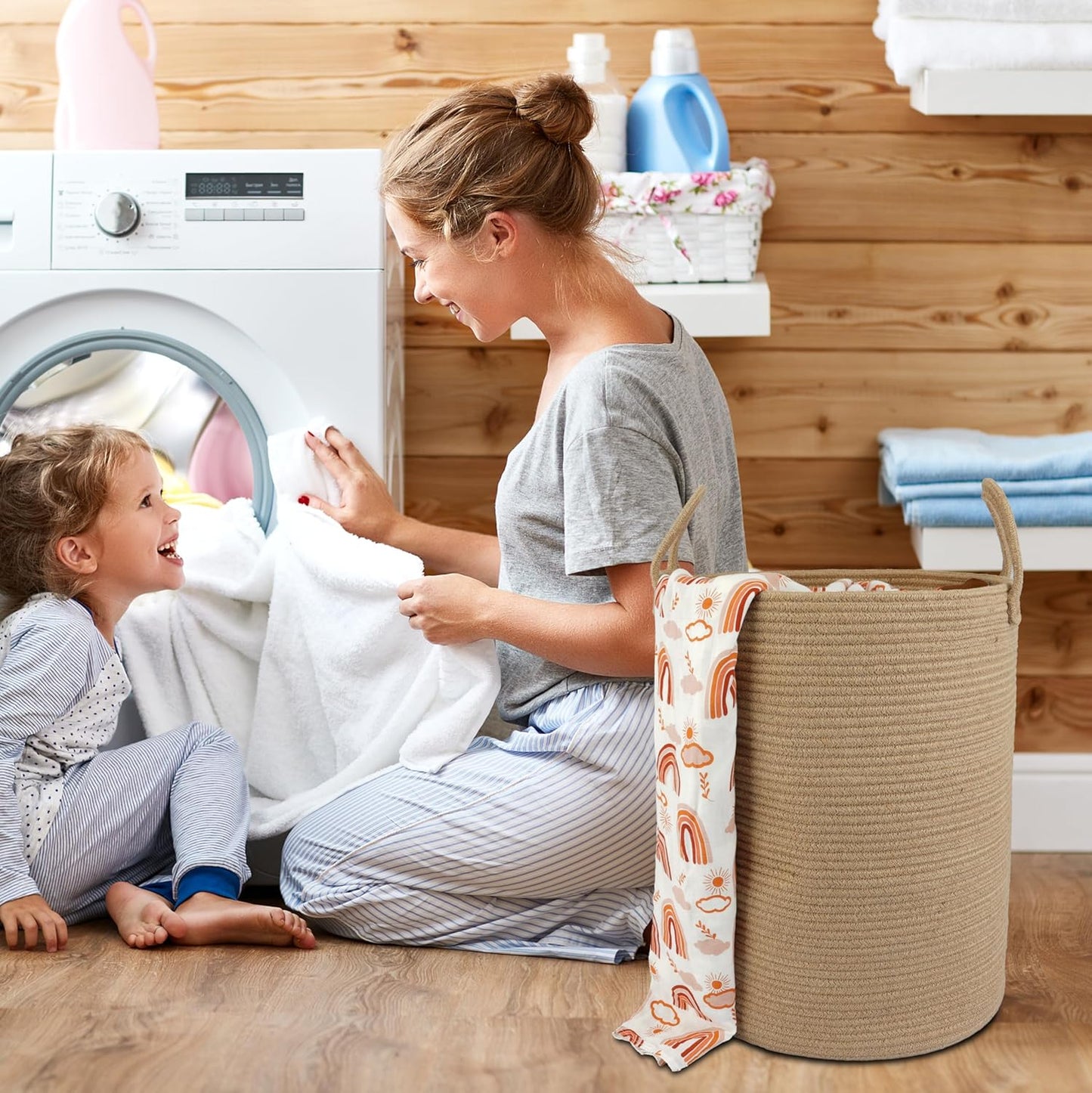 Cotton Rope Laundry Basket Hamper for Clothes Woven Storage Basket for Living Room Bedroom Boho Tall Rope Baskets for Blanket Toys Pillow Towels Baby Nursery Hamper Bin Large jute