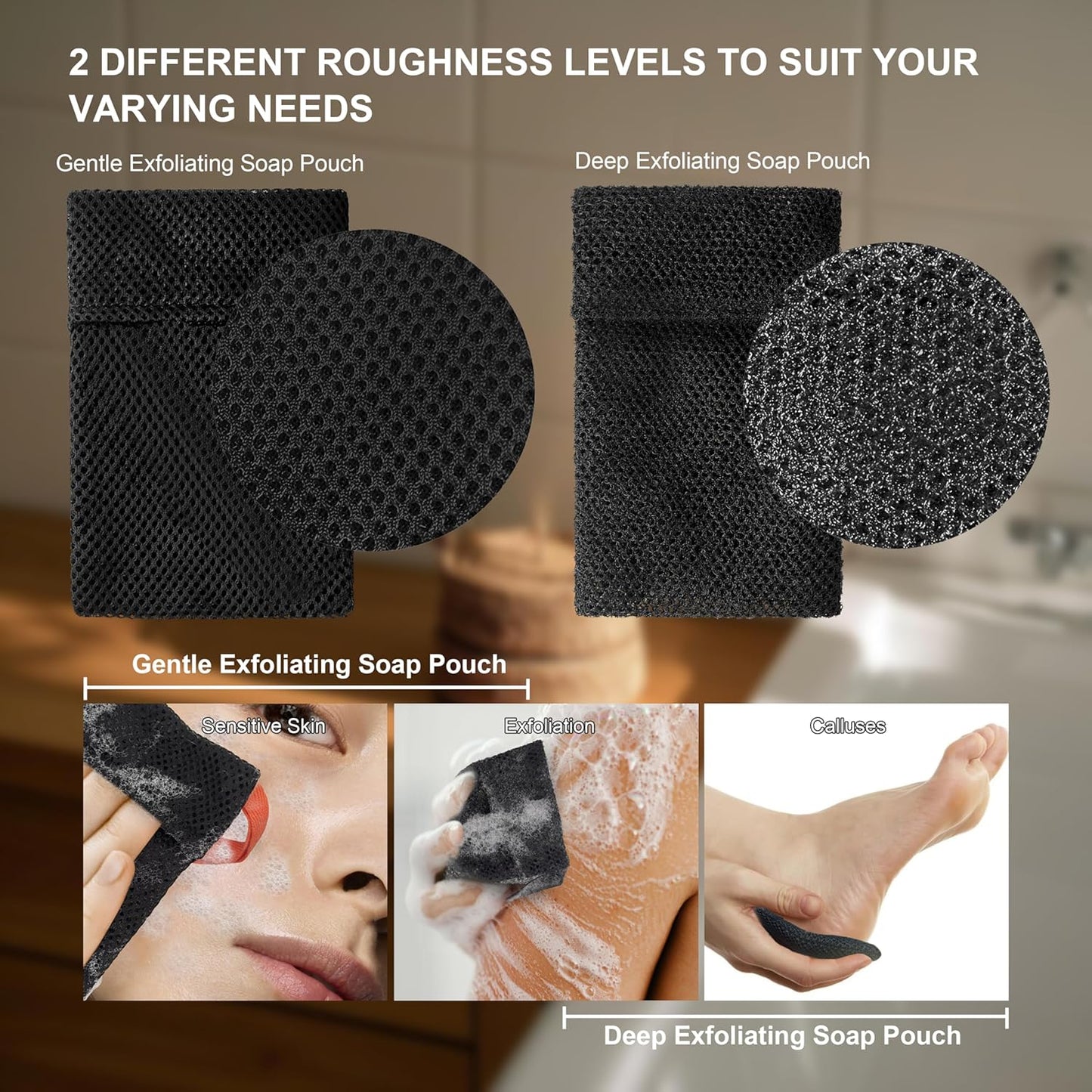 2 Pack Soap Bag Different Roughness Deep and Gentle,Bar Soap Pouch Saver Pocket,Body Scrubber Shower Sponge Loofah,Exfoliating Bath Sponge (Black)