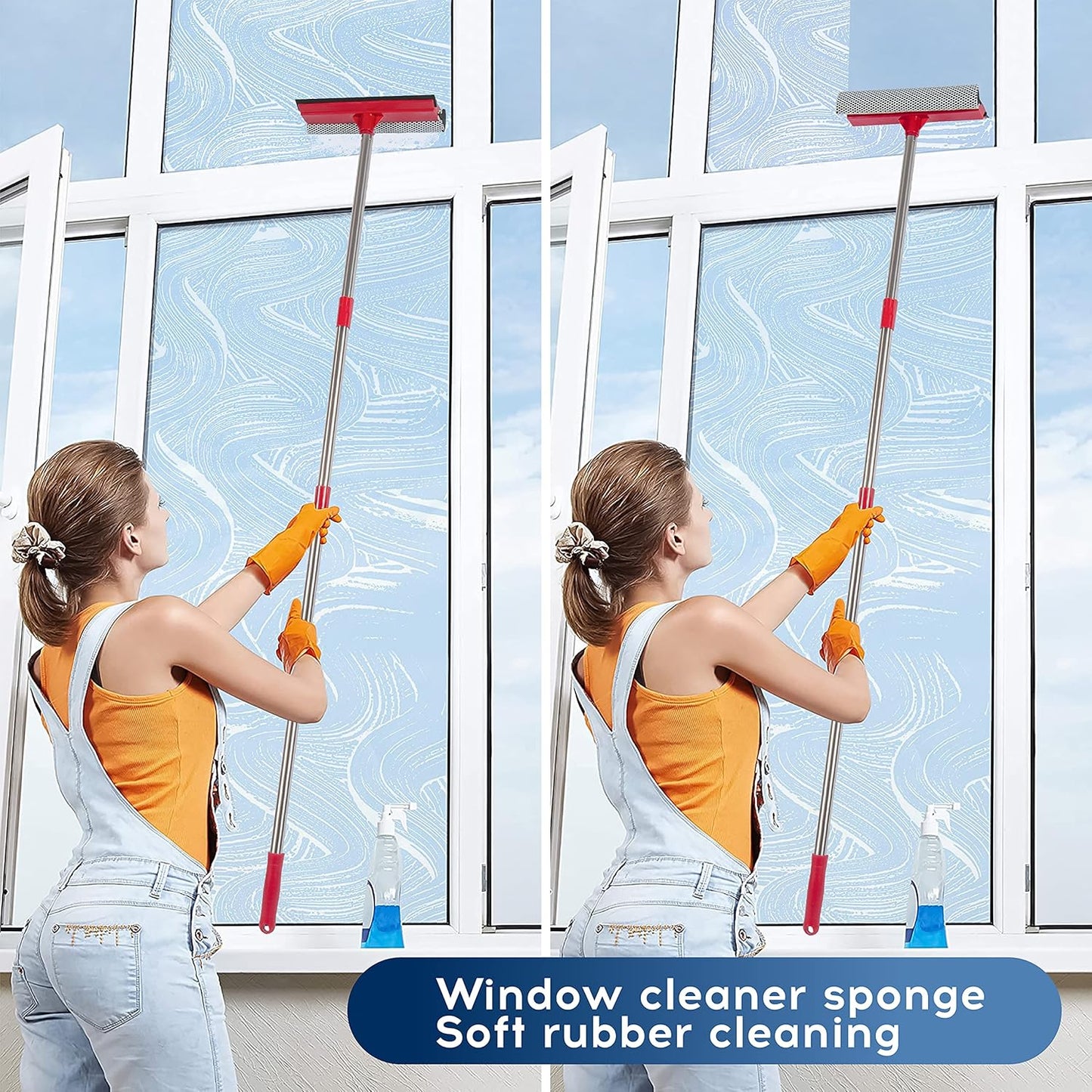 DSV Standard Window Squeegee, 2-in-1 Window Cleaner with 55" Extension Poles, Window Washing Kit, Glass Door Cleaner, Multi-Use Car Windshield Cleaning Tool with Long Handle for High Outdoor Windows