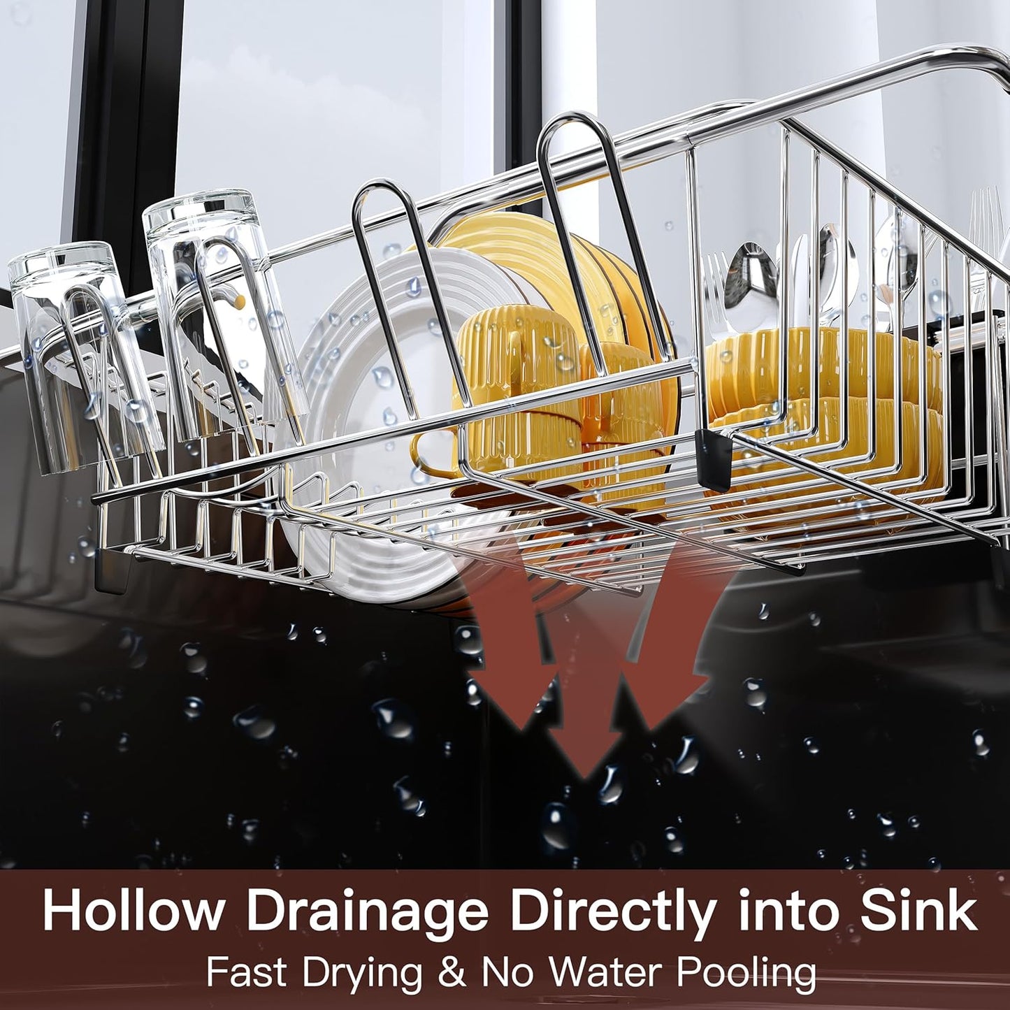 Over the Sink Expandable Dish Drainer Drying Rack In Stainless Steel for Small Kitchen, Counter Space Saving Modern Compact Metal Above Plate Dryer Strainer, Adjustable Hanging Inside Drain Holder