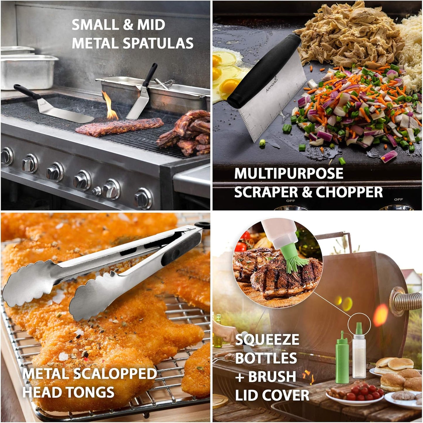 Metal Spatula Set Stainless Steel and Scraper - Professional Chef Griddle Spatulas Set of 6 - Heavy Duty Accessories Great for Cast Iron BBQ Flat Top Grill Skillet Pan