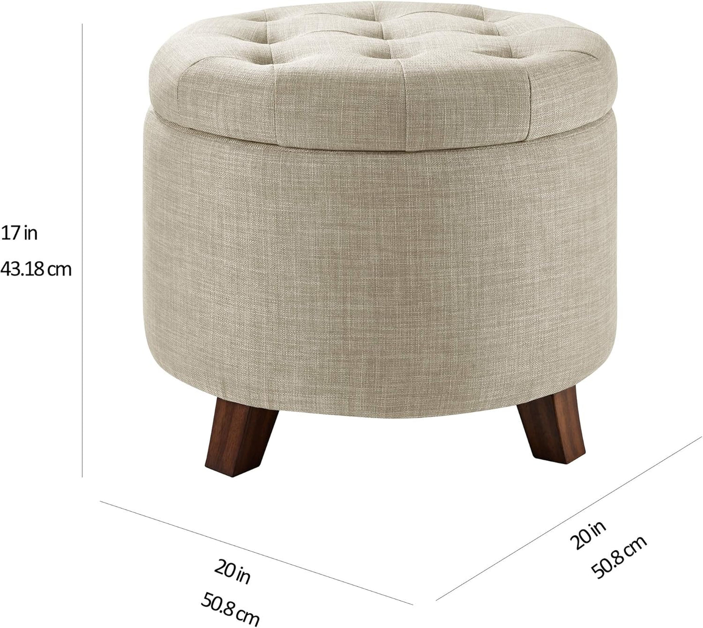Amazon Basics Round Linen Ottoman with Storage, Tufted Upholstered Footstool for Living Room and Bedroom, 20" x 17", Linen Burlap Beige