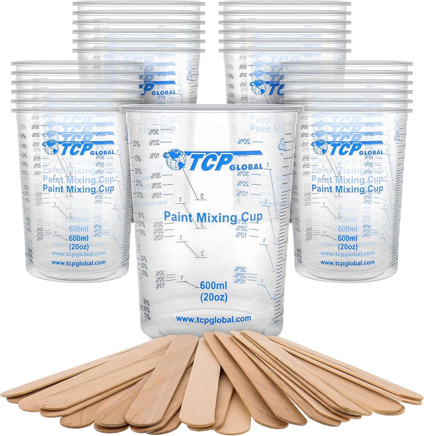 TCP Global 20 oz. (600ml) Graduated Plastic Mixing Cups - Box of 25 with 25 Mixing Sticks - Disposable Plastic Measuring Cups for Liquids, Paints, Resin, Epoxy, Art, Kitchen - Ratios 2-1, 3-1, 4-1 ML