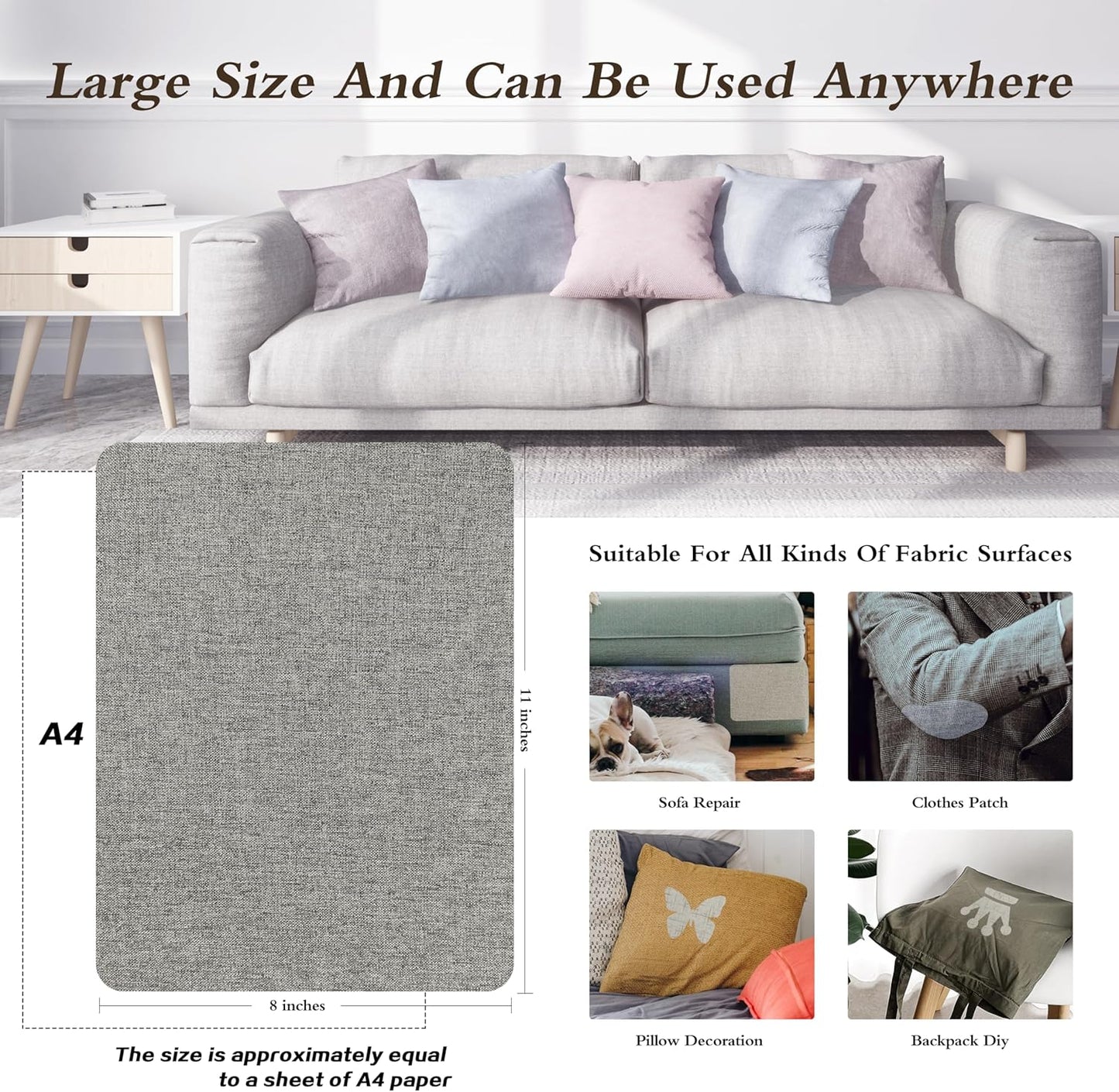 KING MOUNTAIN Fine Linen Fabric Patches, Self-Adhesive, 8x11 inch, 2 PCS, Multi Color, For Linen Sofa and Clothes Repair (Medium Grey, 8" x 11" - 2PCS)