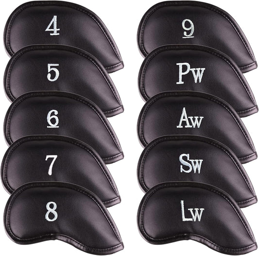 Premium Magnetic Leather Iron and Wedge Golf Club Head Covers | Set of 10 | Fits Most Clubs | Embroidered Club Label on Both Sides of Club Head Cover