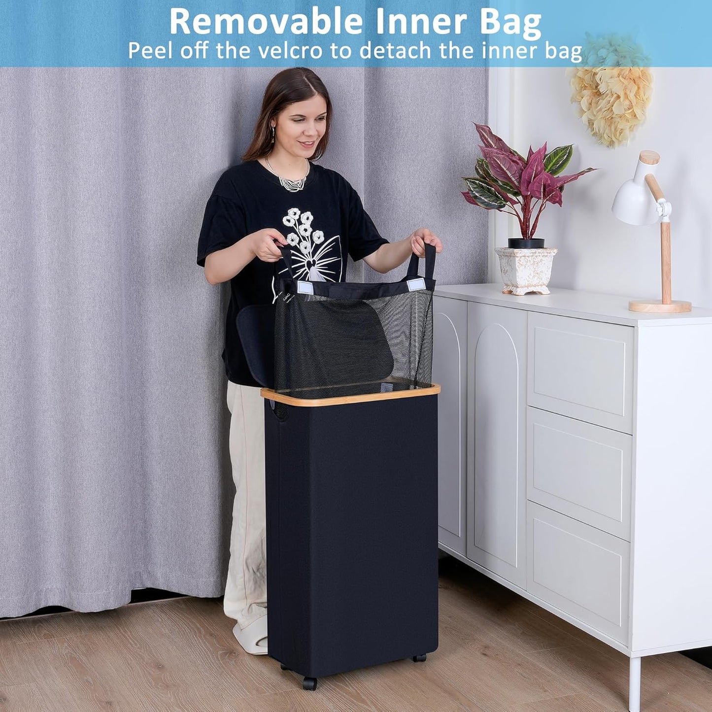 efluky Slim Laundry Basket with Wheels, Narrow Rolling Laundry Hamper with Lid and Removable Bag, Aesthetic Dirty Clothes Hamper on Wheels for Laundry Room, Bedroom, Dorm and Bathroom, 75L Dark Black