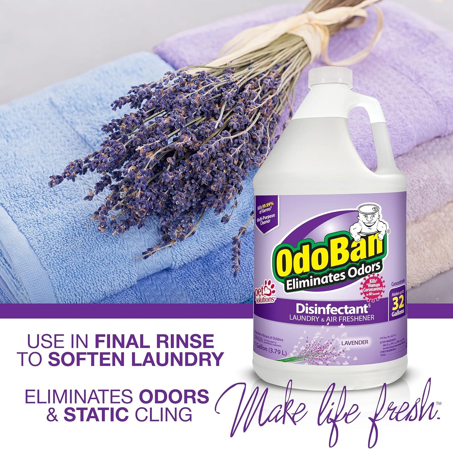 OdoBan Ready-to-Use Disinfectant and Harsh Aroma Eliminator, Set of 2, 14.6 Ounce 360-Degree Continuous Spray Fabric/Air Freshener and 1 Gallon Multi-Purpose Cleaning Concentrate, Lavender Scent