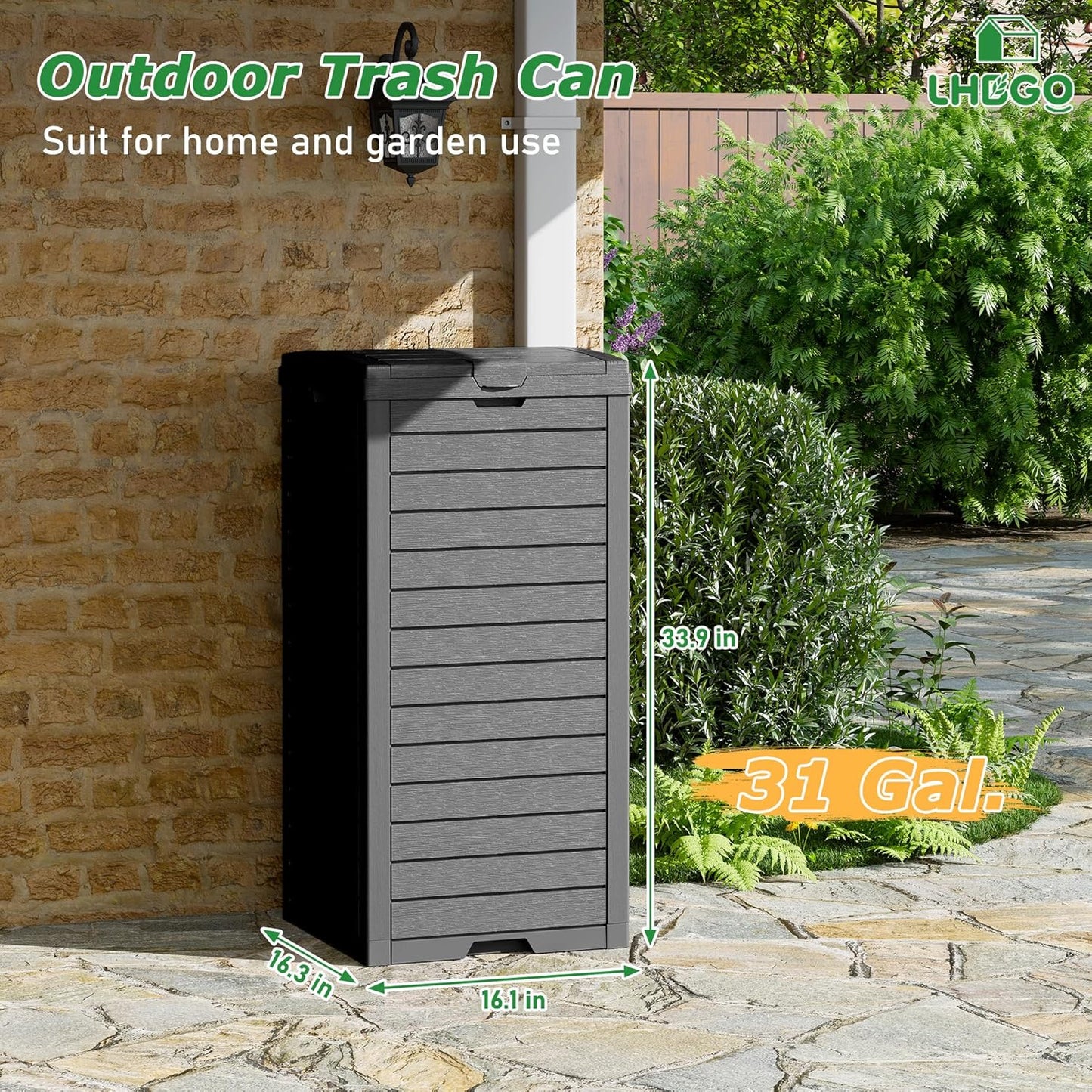 Outdoor Trash Can, 2 Set of 31 Gallon Garbage Can with Tiered Lid and Drip Tray, Waterproof Resin Patio Waste Bin for Garden, Backyard, Deck