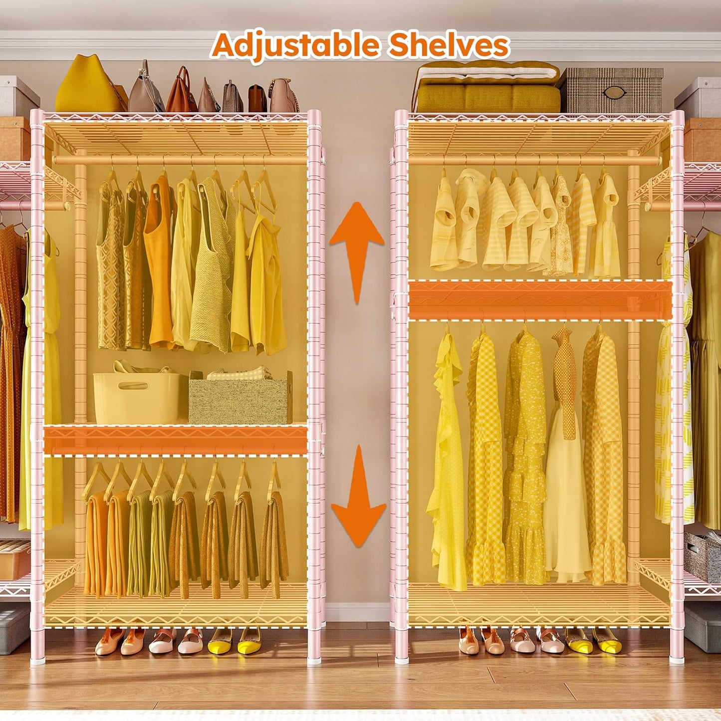 Raybee Clothes Rack,Clothing Racks for Hanging Clothes Heavy Duty,Adjustable Garment Rack with Shelves,Rolling Clothes Rack Max Load 905LBS,75" W x 77" H x 17.8" D Pink