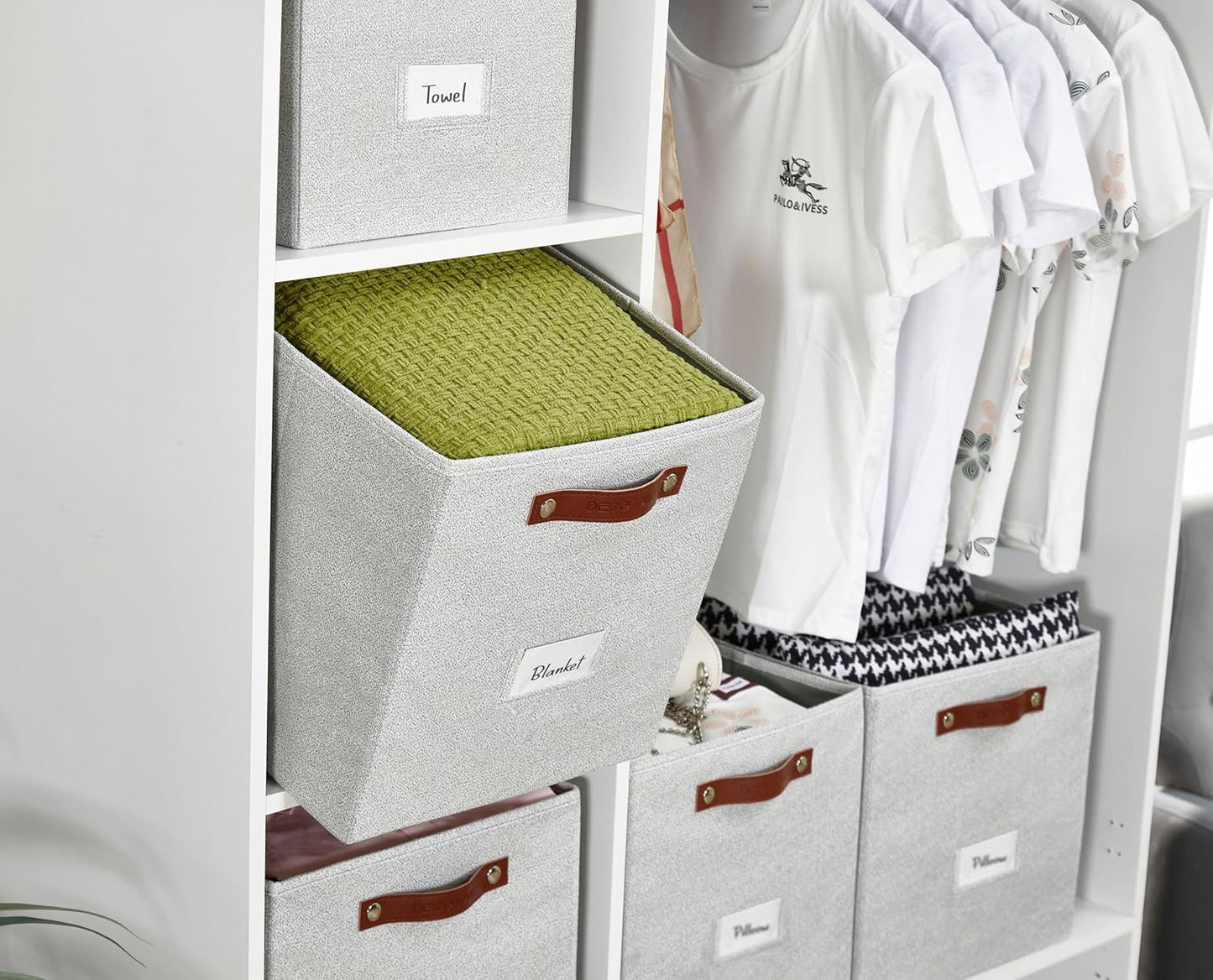 DECOMOMO Storage Baskets, 13x15x13 Storage Cube Bins with Labels for Organizing Shelves (Kallax / 4pcs, Light Grey)