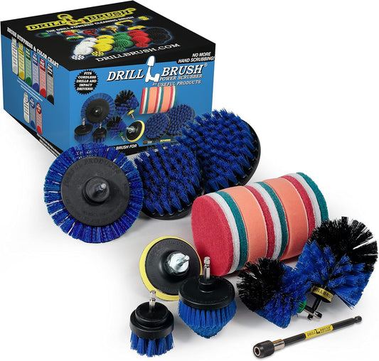 Drillbrush Stainless Steel Cleaning Brush Set, 21-Piece with Blue Medium Bristles, Edge & Cone Brush, Extension, Pads for Pool, Boat, Fish Tank, Aquarium