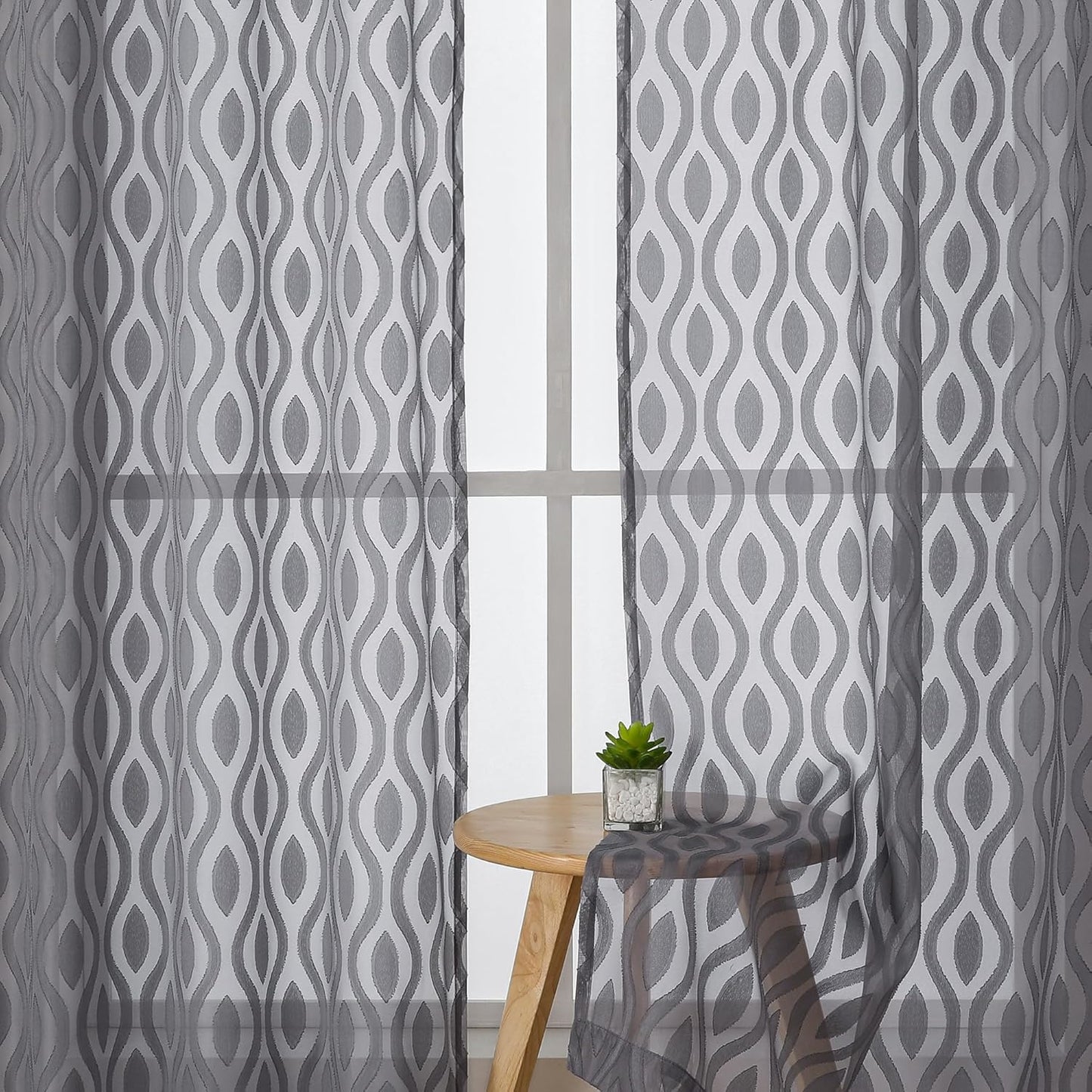 Aiyufeng Grey Valances for Windows, Clip Jacquard Chic Wavy Line Voile Sheer Curtains for Basement, Lightweight Airy Rod Pocket Short Curtains, 2 PCS, 40" Wx14" Inches