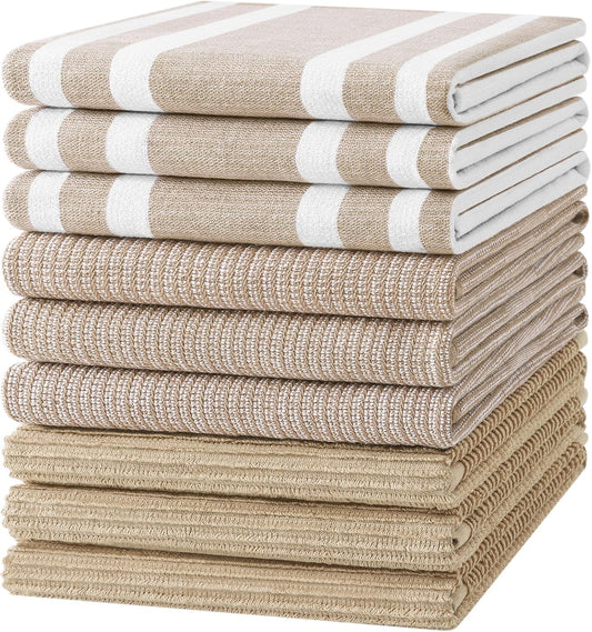 Homaxy Premium Kitchen Towels(18”x 28”, 9 Pack), Large Cotton 380 GSM Kitchen Hand Towels, Soft and Absorbent Terry Dish Towels, Multipurpose Tea Towel Set with Hanging Loop, Khaki