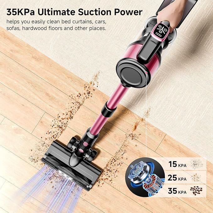 Cordless Vacuum Cleaner, 38Kpa Powerful Stick Vacuum Cleaner with 45mins Rechargeable Battery, LED Anti-Tangle Brush, 8-in-1 Handheld Vacuum Cleaners for Home/Pet Hair/Carpets/Floors, Rose