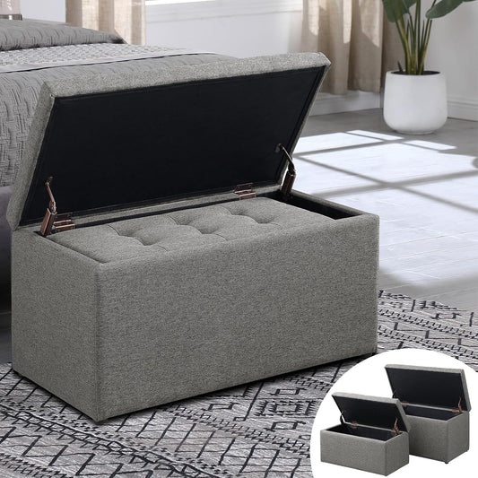 Storage Ottoman Bench with 2.56-inch Thick Seat, 31.5 inch Nesting Ottoman Set of 2, Hinged Flip Top Bench with Storage for Living Room, Bedroom, Light Grey