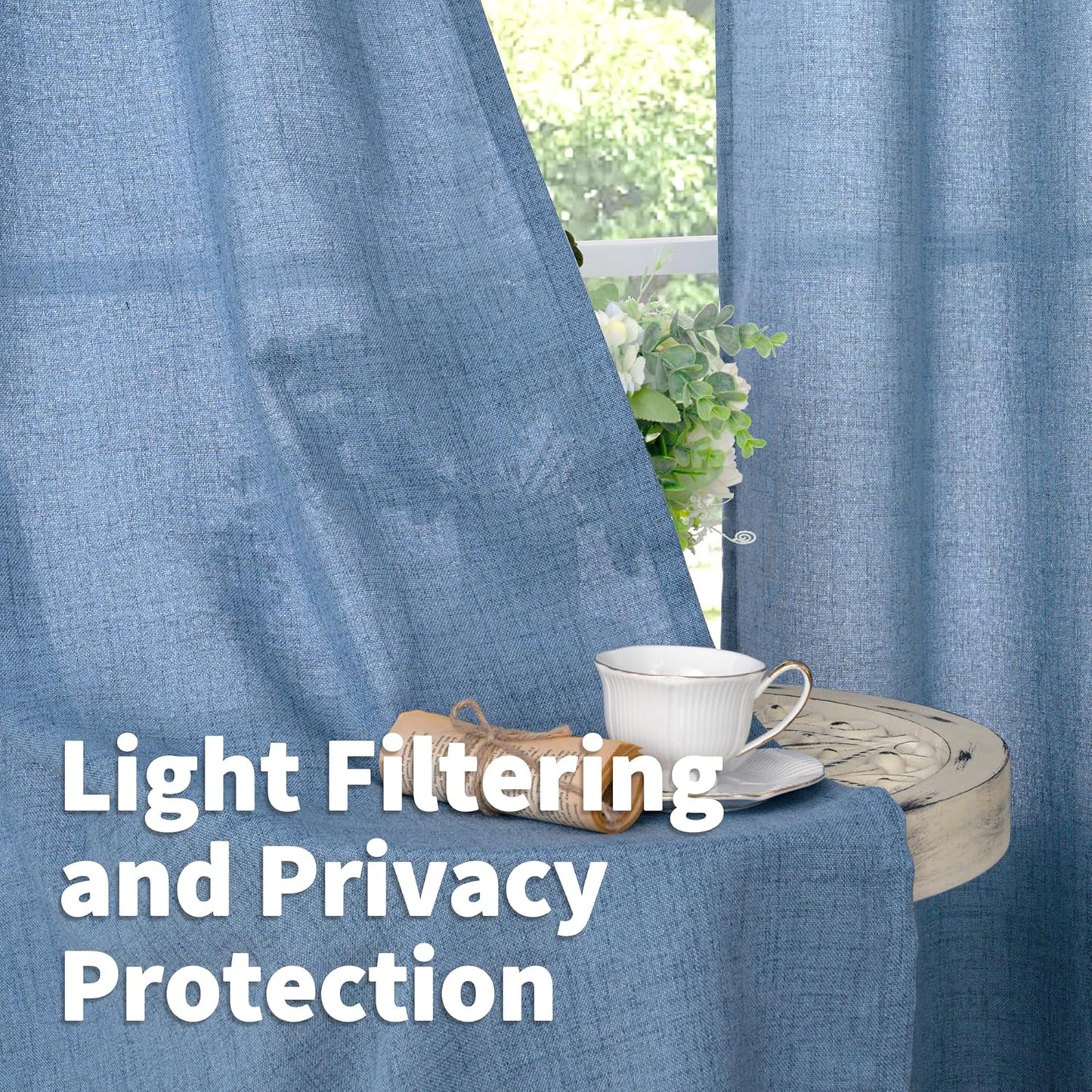 YoungsTex Denim Blue Linen Curtains 63 Inch Length for Bedroom - Light Filtering Semi Sheer Drapes with Back Tab Rod Pocket for Short Window Living Room Office Kitchen, 52 x 63 Inch, 2 Panels