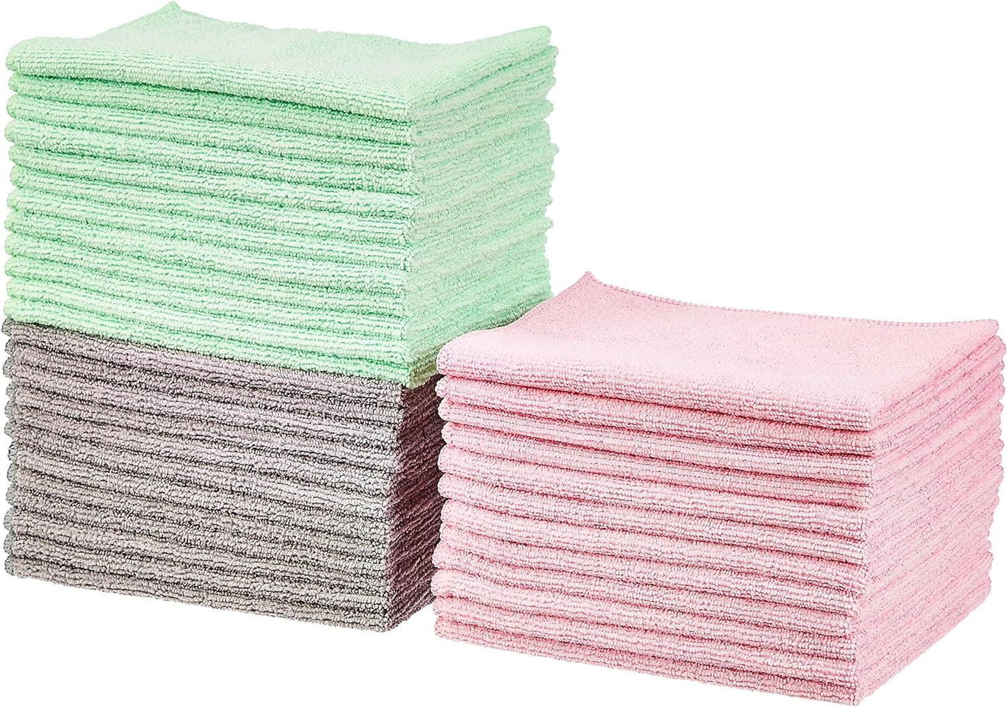 Amazon Basics Microfiber Cleaning Cloths, Non-Abrasive, Reusable and Washable, Pack of 36, Green/Gray/Pink, 16" x 12"