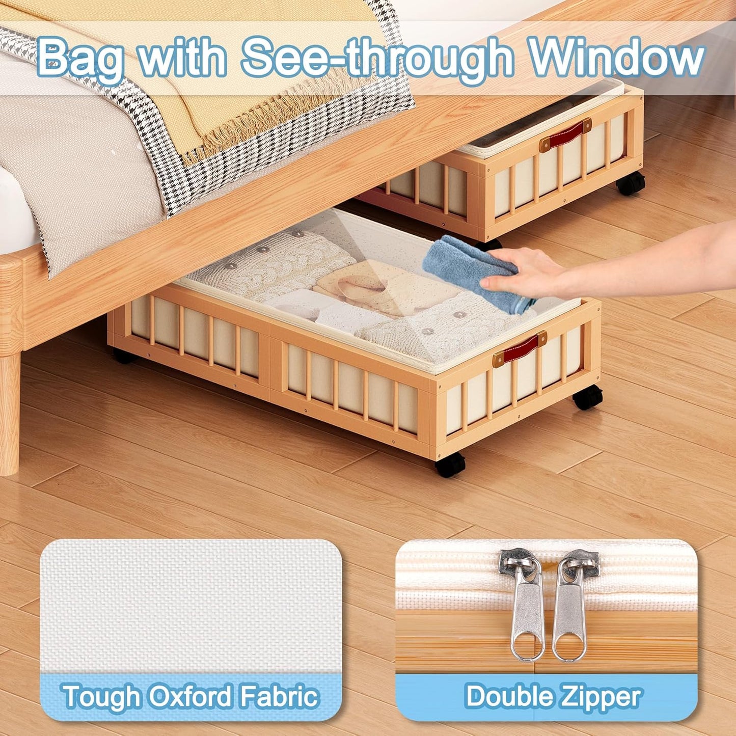 efluky 2-Pack Bamboo Under Bed Storage Containers with Wheels, Under Bed Clothes Storage Basket with Large Dust Bag, Rolling UnderBed Storage for Bedroom, Dorm and Basement, Nature