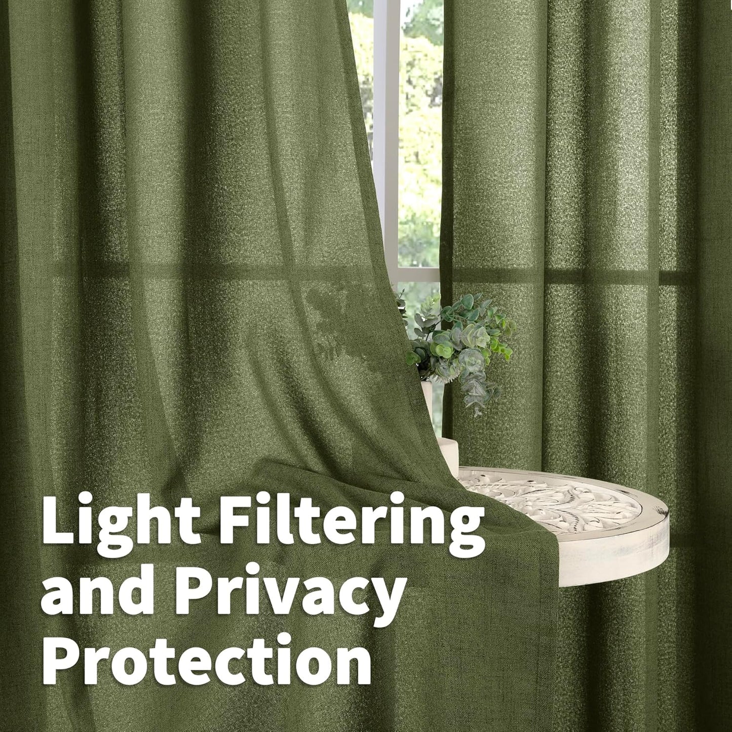 YoungsTex Olive Green Linen Curtains for Living Room 84 Inch Length, Semi Sheer Drapes with Rod Pocket Back Tab Light Filtering Window Treatments for Bedroom Farmhouse, 2 Panels, 52 X 84 Inch