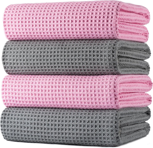 POLYTE Microfiber Oversize Quick Dry Lint Free Bath Towel, 60 x 30 in, 4 Pack (Waffle Weave)