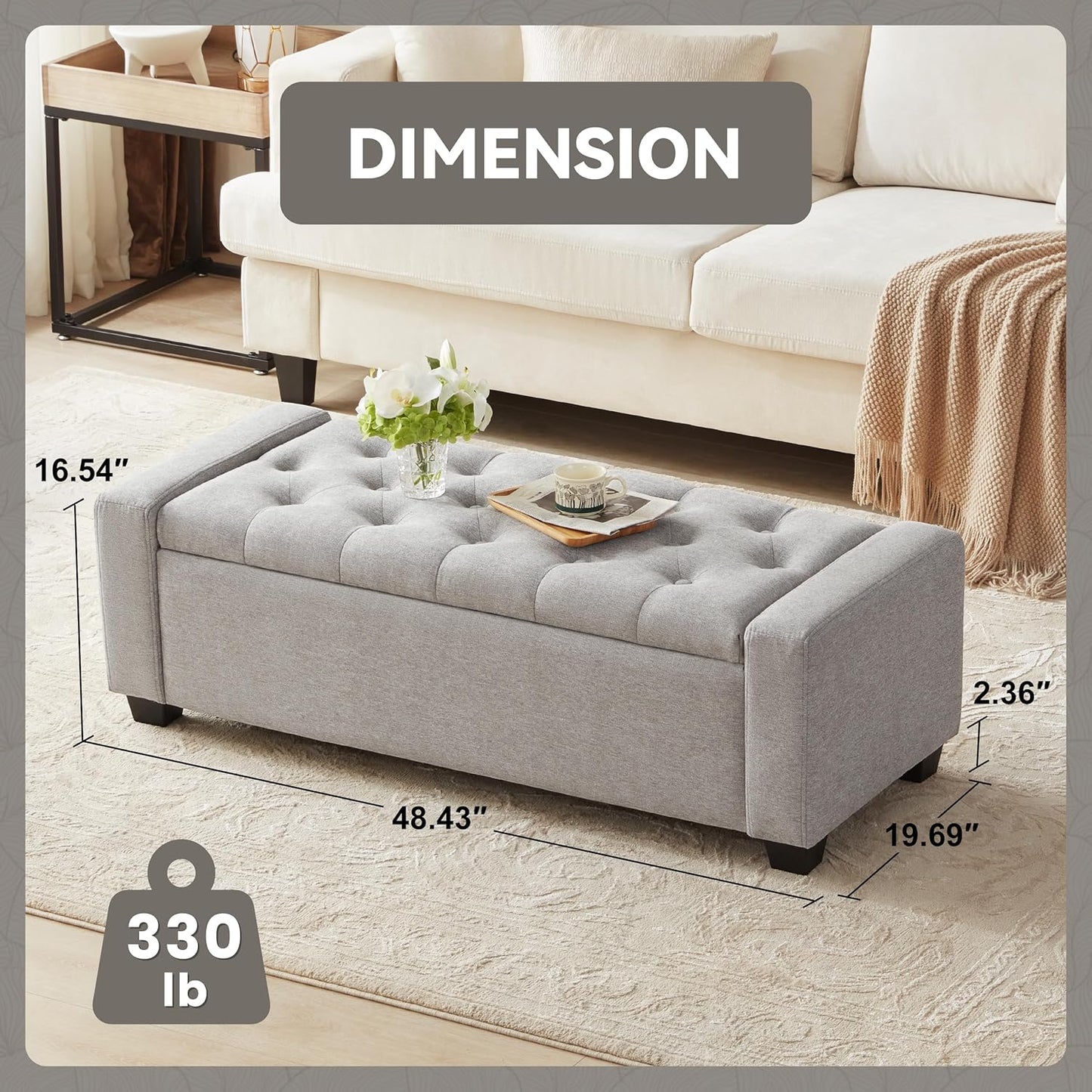 48" Ottoman with Storage, Large Storage Ottoman Bench for Bedroom with Safety Hinge, Upholstered Window Benches, End of Bed Bench for Living Room, Entryway Bench with Seating, LightGray
