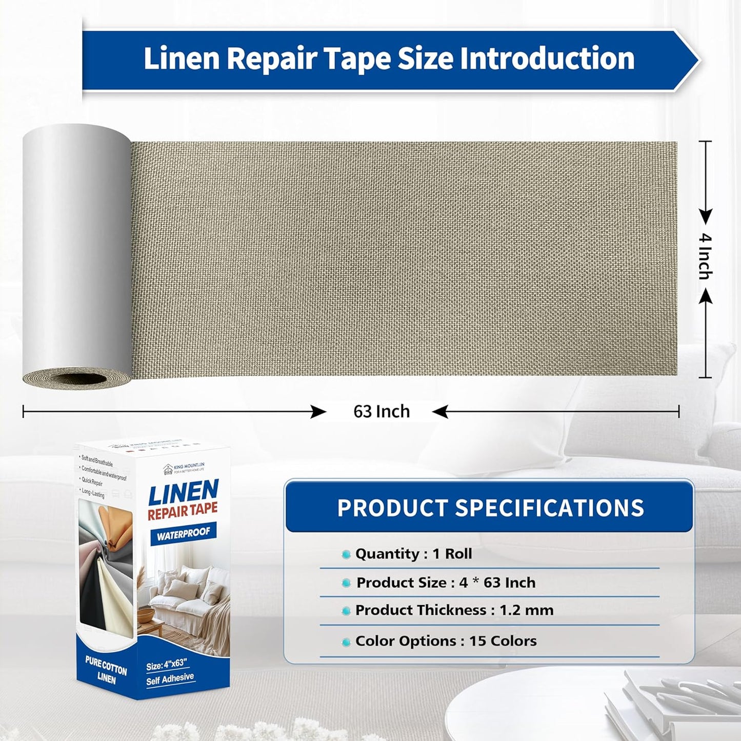 KING MOUNTAIN Linen Repair Patches, Self-Adhesive Fabric Patches, 4 X 63 inch Extra Size, Multi Color, Can be Used for Sofa Repair and Linen Clothes Repair（Khaki1.0