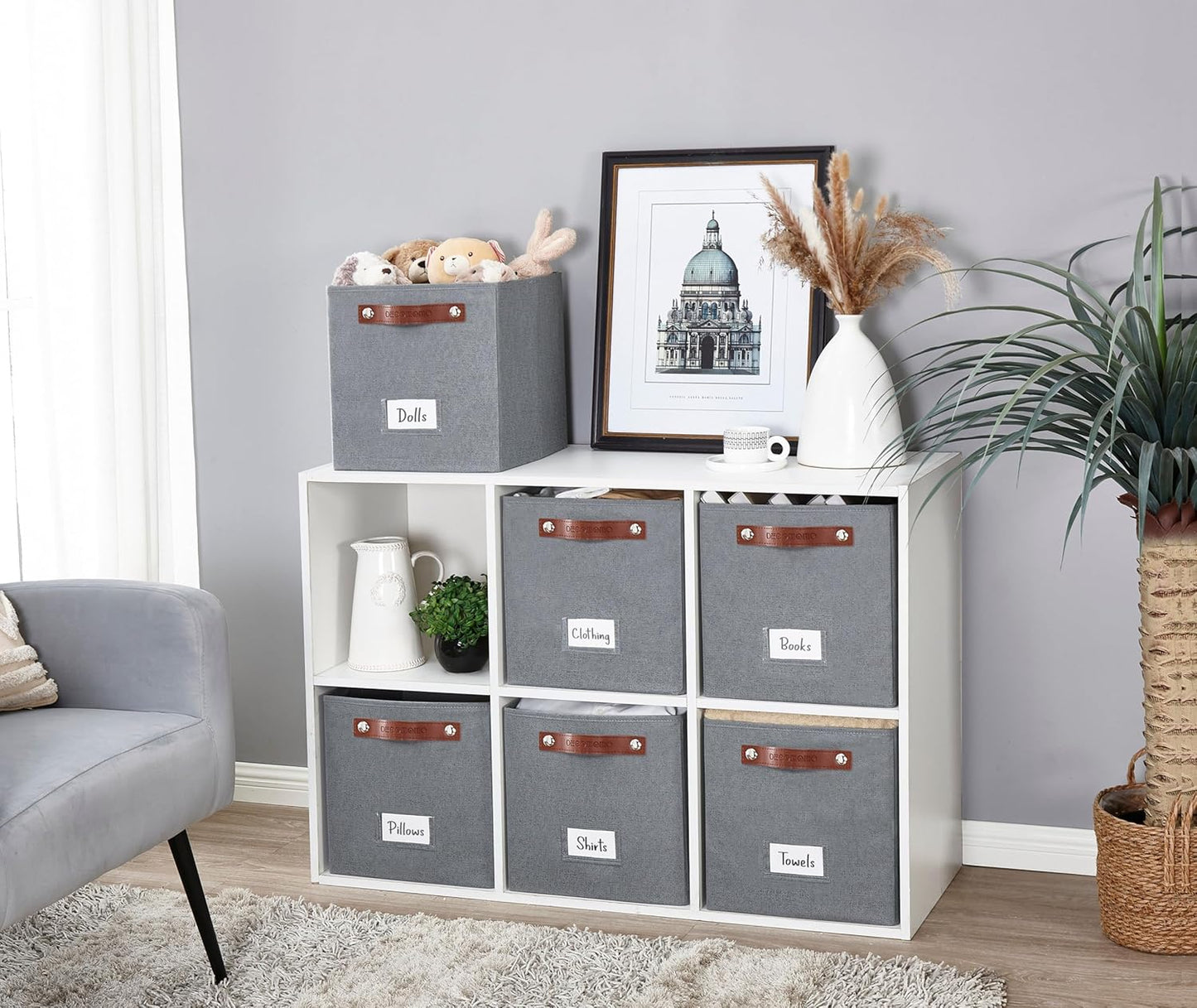 DECOMOMO Storage Bins, Cube Storage Bin with Labels, Fabric Storage Cubes for Shelves (11" / 6pcs, Texture Grey)