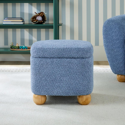 Walker Edison Linley Contemporary Small Storage Bouclé Ottoman with Wood Legs, Soft Blue