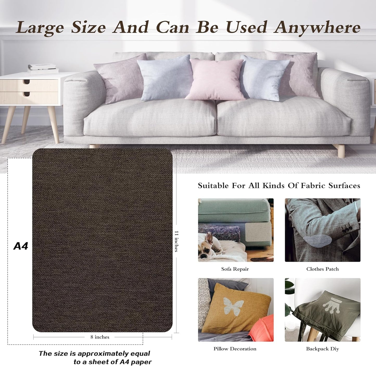 KING MOUNTAIN Coarse Linen Repair Patches, Self-Adhesive Linen Fabric Patches, 8X11 inch, Multi Color, Can be Used for Linen Sofa Repair and Linen Clothes Repair(8" x 11",Chocolate Brown)