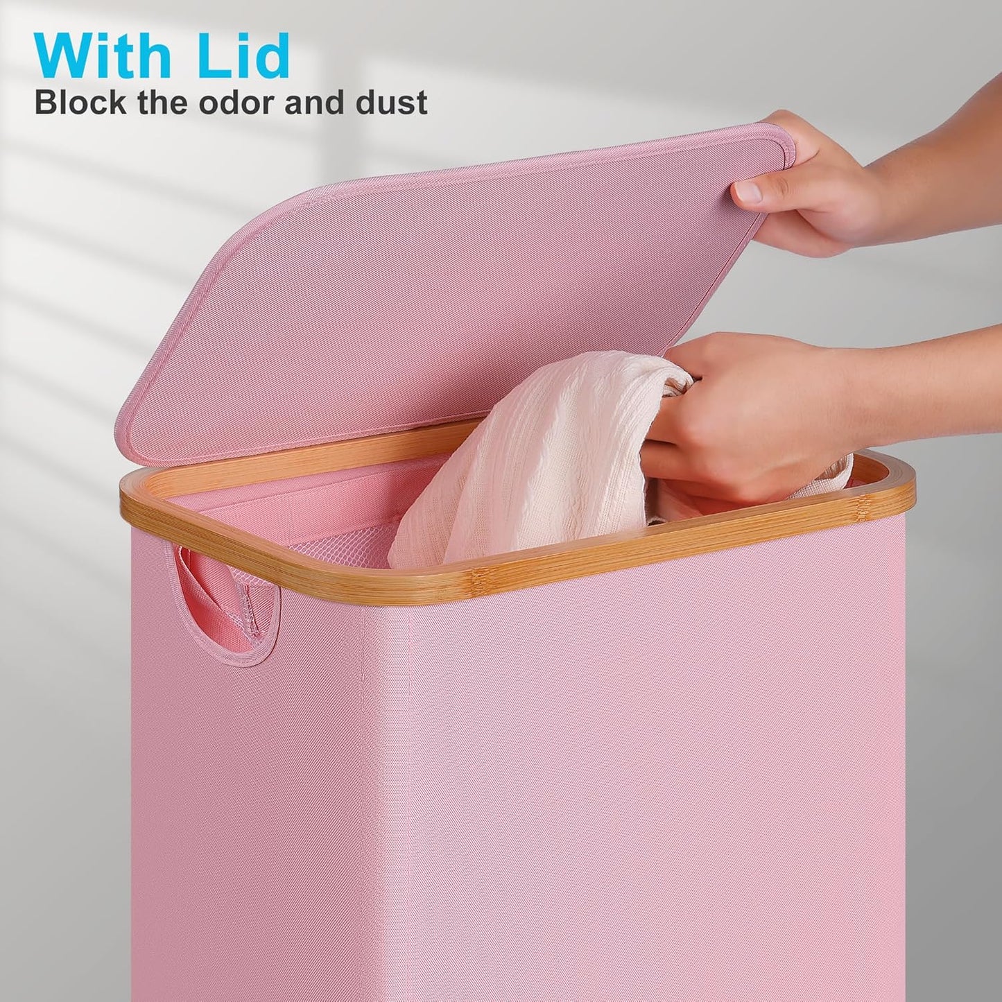 efluky Slim Laundry Basket with Wheels, Narrow Rolling Laundry Hamper with Lid and Removable Bag, Tall Aesthetic Dirty Clothes Hamper on Wheels for Laundry Room, Bedroom, Dorm and Bathroom, 75L Pink