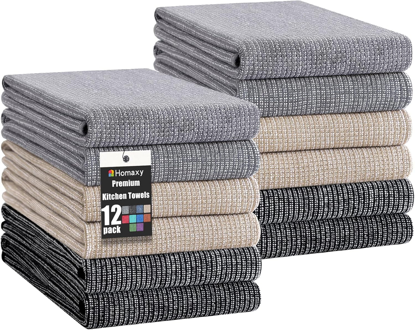 Homaxy Premium Kitchen Towels(18”x 28”, 12 Pack), Large Cotton Kitchen Hand Towels, Flat and Terry Dish Towels, 380 GSM Highly Absorbent Tea Towel Set with Hanging Loop, Grey/Khaki/Black