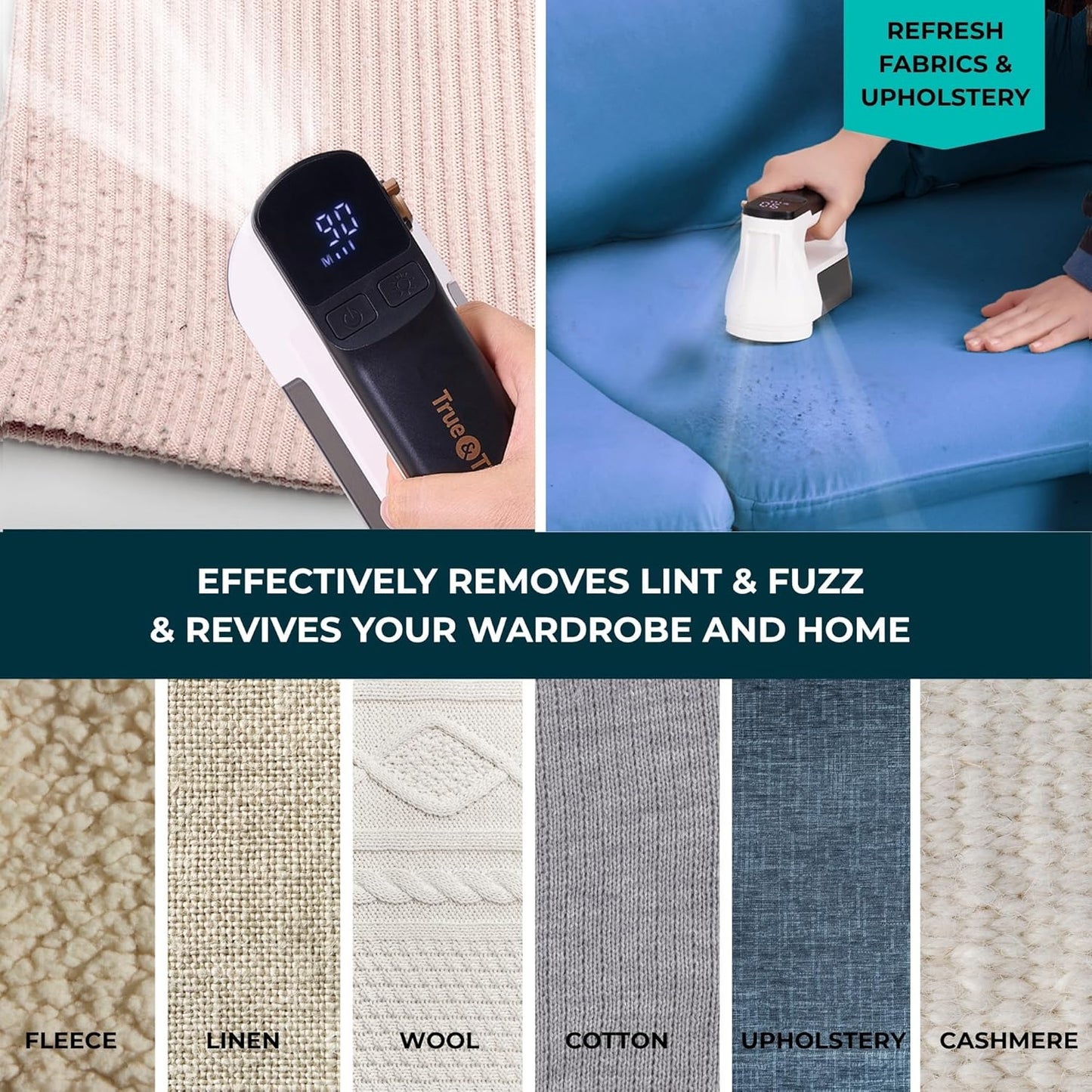 True & Tidy XL Rechargeable Fabric Shaver with Light, 6-Leaf Steel Blades, 3-Speed Motor, LED Digital Display, Lint Remover for Clothes, Furniture & Upholstery (White, Turbo)