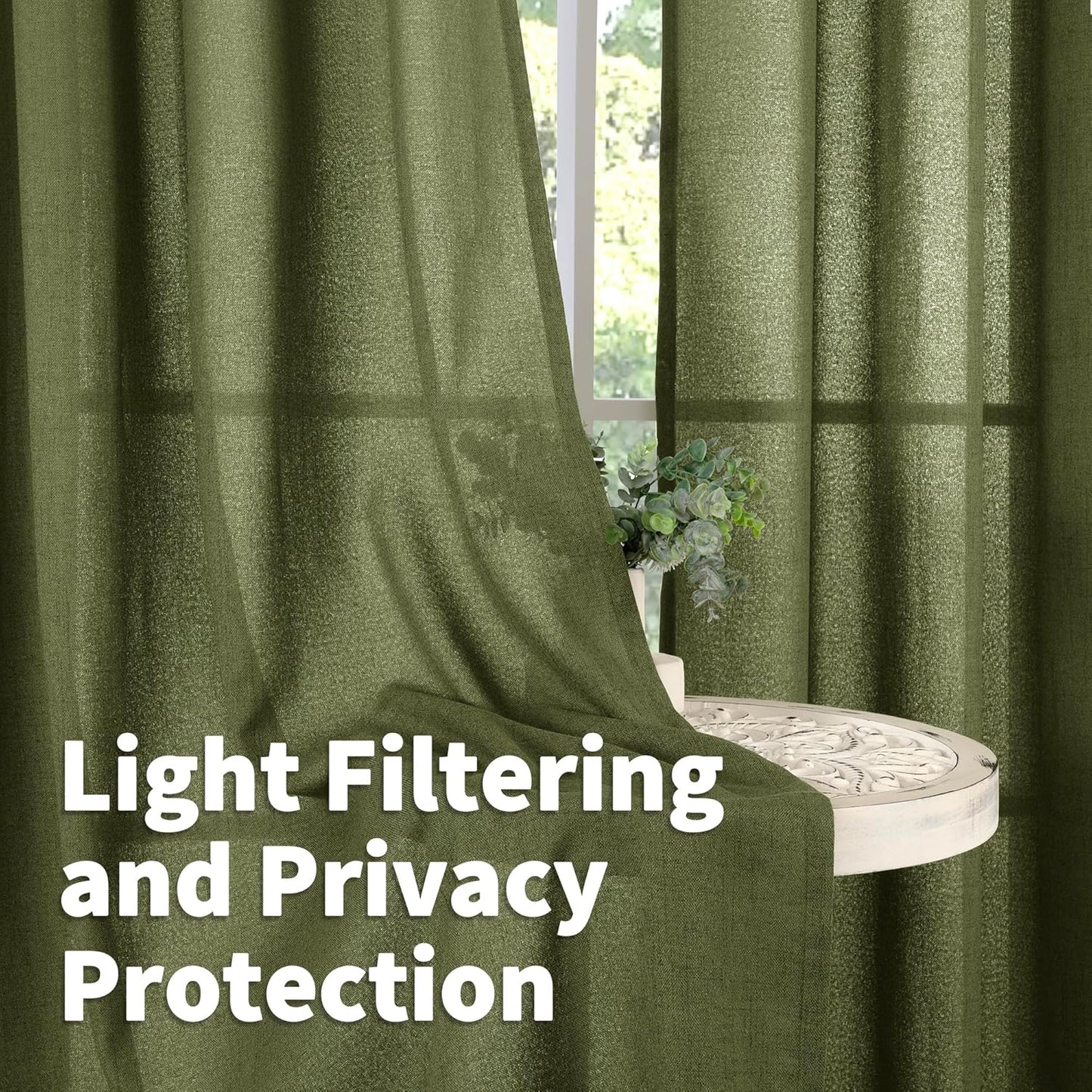 YoungsTex Olive Green Linen Curtains 78 Inch Length for Living Room, Light Filtering Semi Sheer Window Drapes with Rod Pocket Back Tab for Office Dining Bedroom, 2 Panels, 52 X 78 Inch