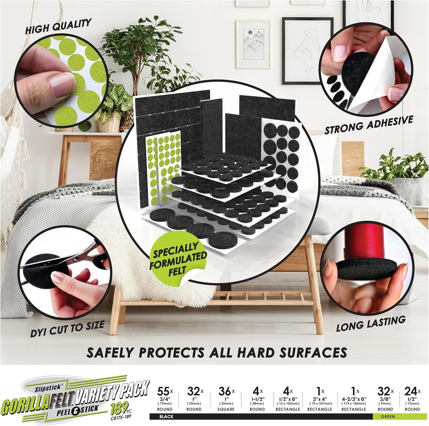 Slipstick Gorilla Felt Furniture Pads (189 Piece Variety Pack) Premium Furniture Pads & Chair Leg Floor Protectors for Hardwood Floors & Hard Surfaces