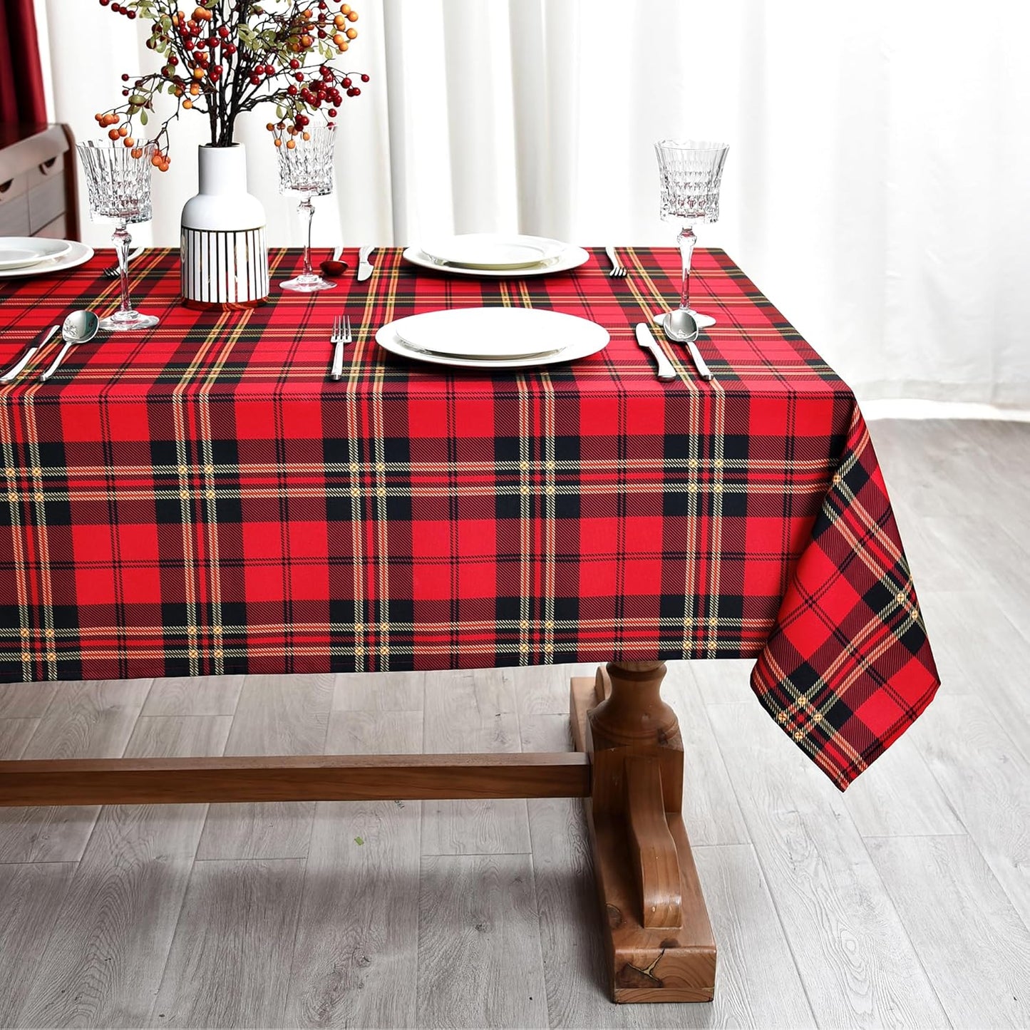 Gingham Xmas Tartan Tablecloth Fabric - Oblong 58x120 Water Resistant Christmas Plaid Table Cloth for Indoor/Outdoor Use - Red Tabletop Cover Perfect for Birthday, Picnics, Gardens