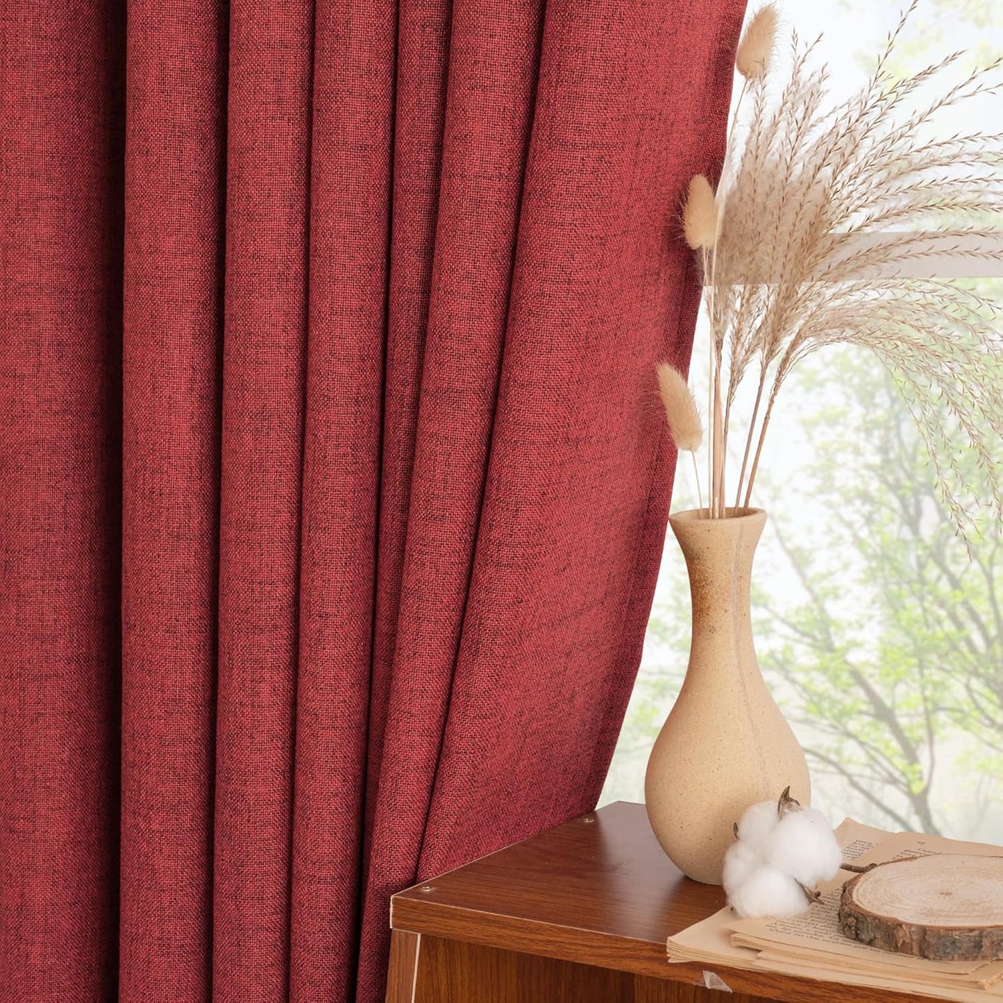 YoungsTex Red Linen Curtains 48 Inch Length for Kitchen, Short Semi Sheer Window Drapes with Rod Pocket Back Tab Light Filtering for Christmas Living Room Bedroom Bathroom, 2 Panels, 42 X 48 Inch