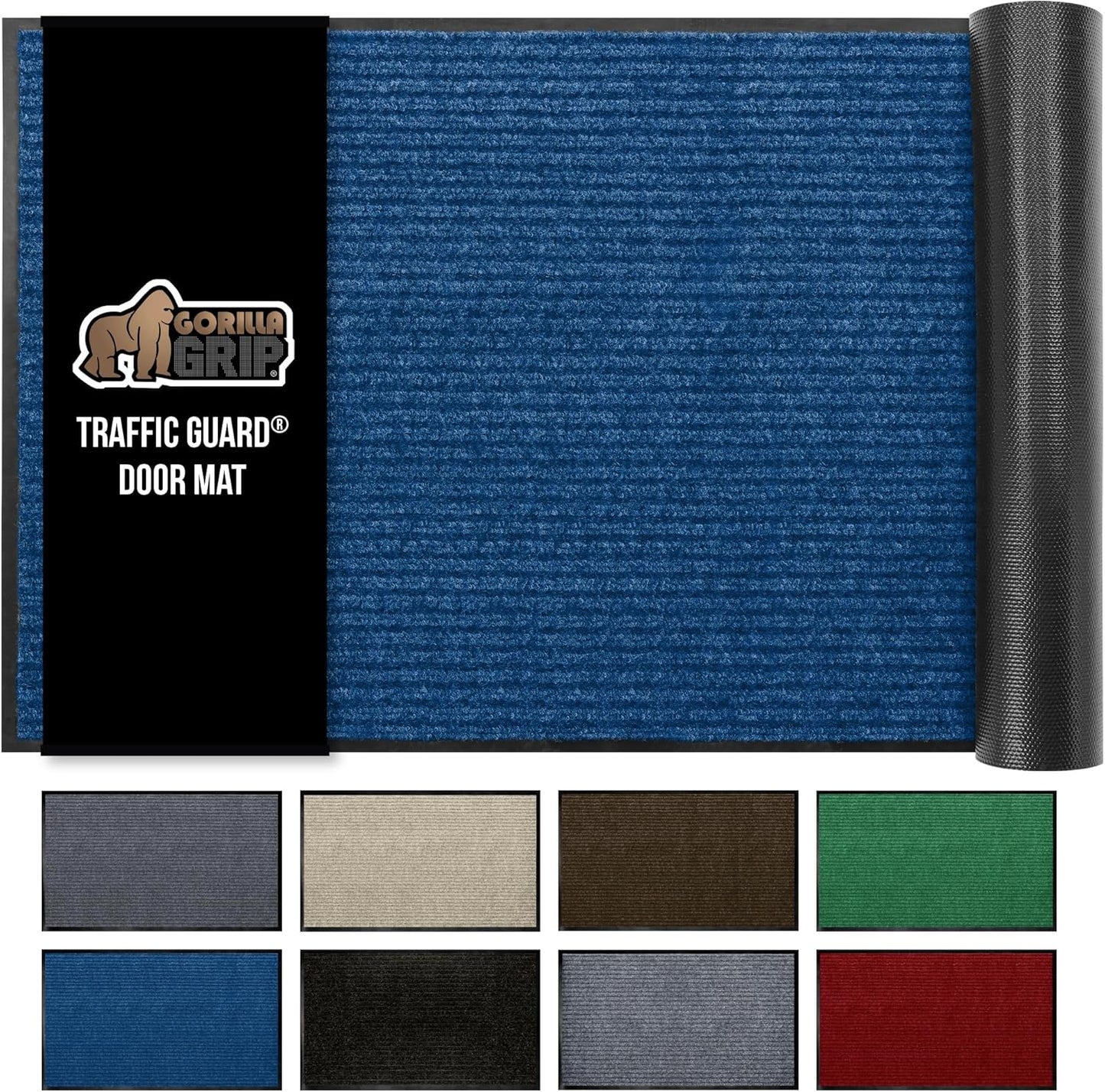 GORILLA GRIP Traffic Guard Door Mat, Heavy Duty Welcome Mats, Commercial Office Space Doormat, Waterproof, Fade Resistant, Strong Rubber Backing, Low Profile, Shoe and Boot Scraper, 35x23, Blue