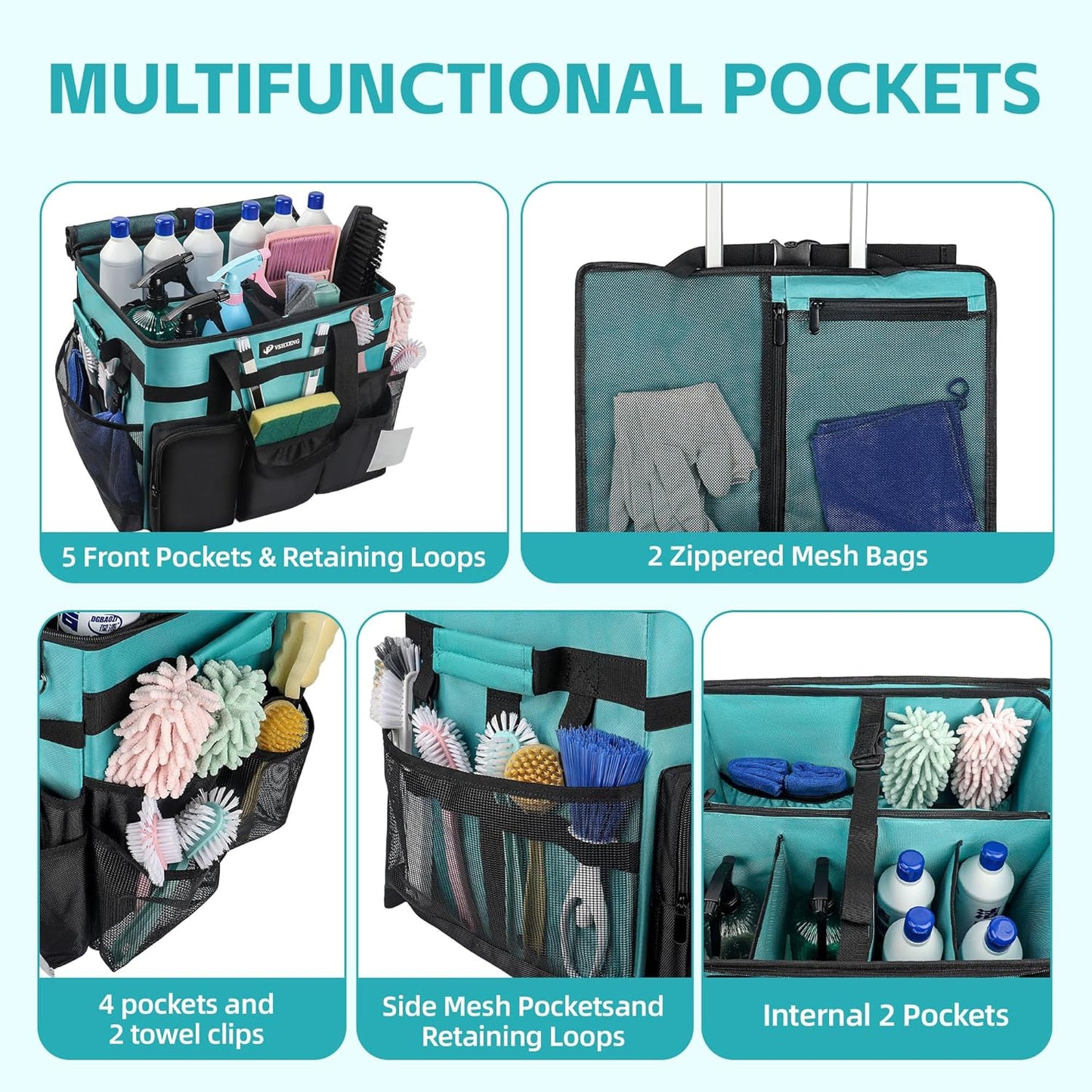 Rolling Cleaning Caddy Bag with Wheels, Large Cleaning Cart Detachable Trolley, Cleaning Bags for Housekeepers With Shoulder Strap & Multi Pockets for Cleaning Tools Storage (Amber Green)