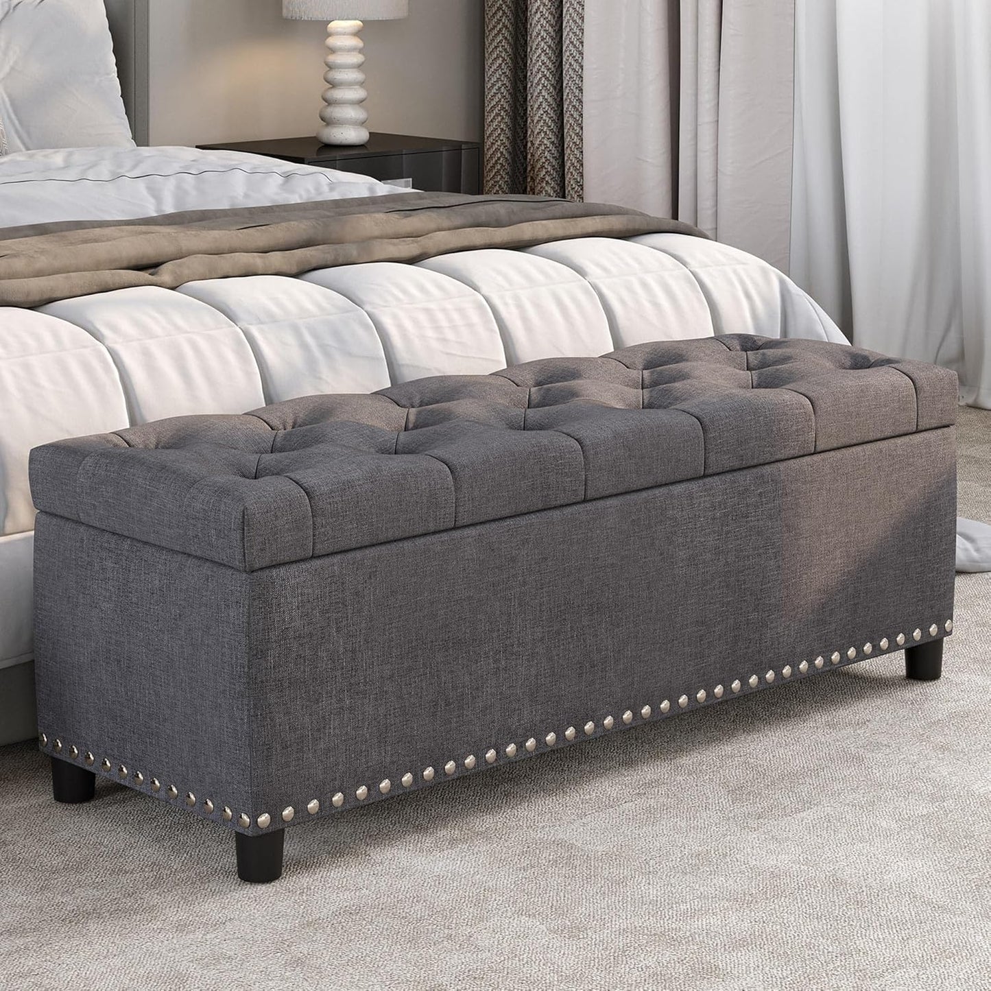 BELLEZE 47" Storage Ottoman, Storage Bench with Safety Close Hinge, Linen Button-Tufted Ottoman for Living Room, Entryway, Hallway, Foot Rest, Support 300lbs - Gray
