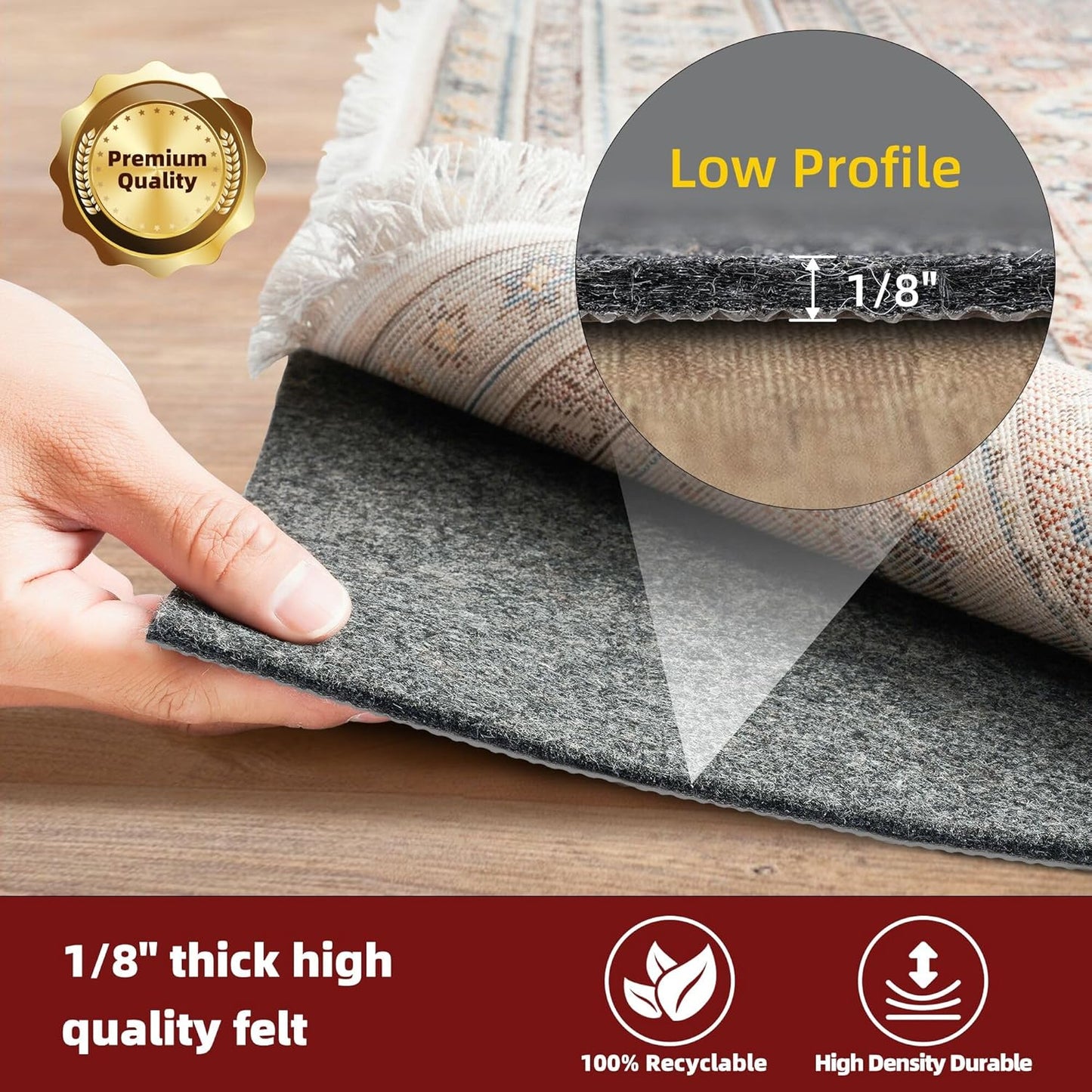 BAGAIL Felt and Natural Rubber Backing Rug Pads 1/8” Thick, 6 x 9 Ft Non Slip Rug Gripper Keep Rugs in Place, Under Area Rug Protective Cushioned Pads, Carpet Runners, Hardwood Floors Protection