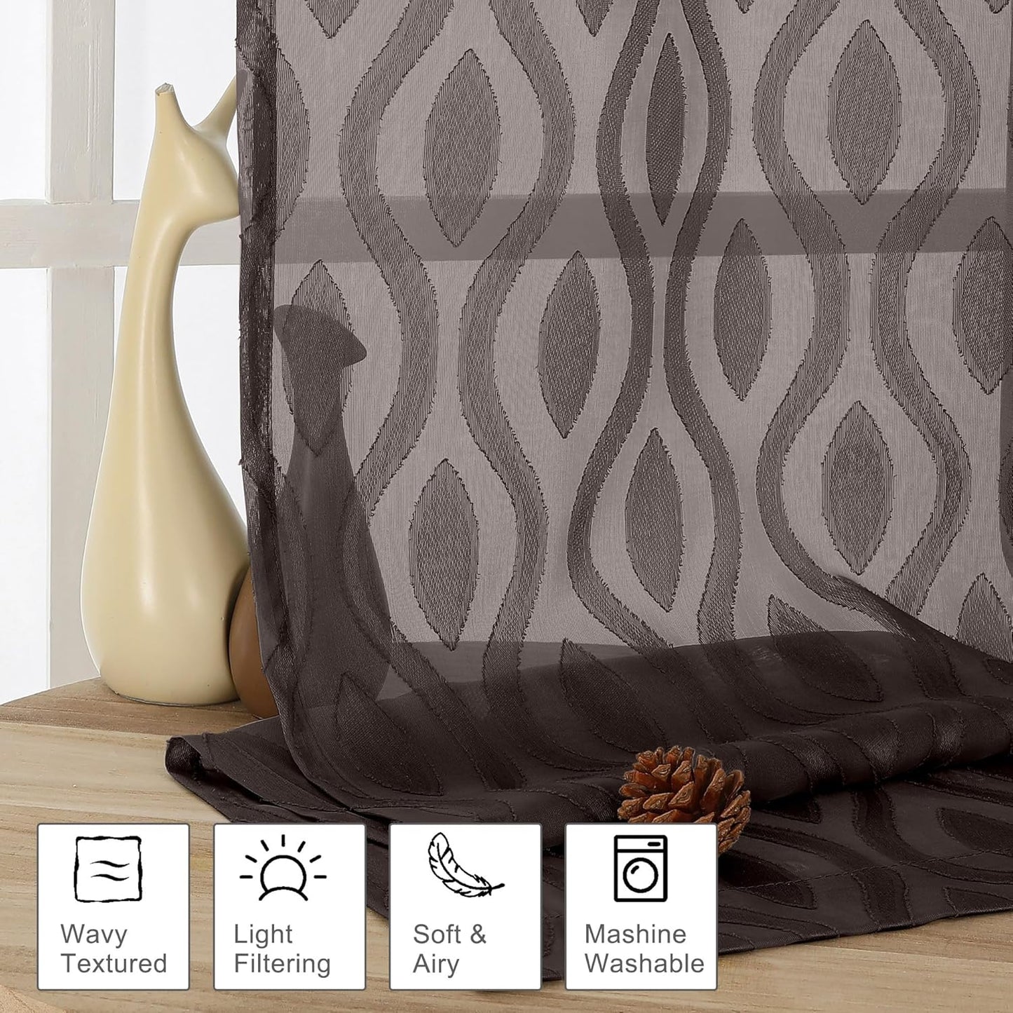Aiyufeng Brown Sheer Curtains Tiers 36 Inch Length 2 Panels, Airy Lightweight Clip Jacquard Short Kitchen Window Curtains, Modern Wavy Line Textured Voile Sheer Curtain Panles, 40" Wx36 L Inches