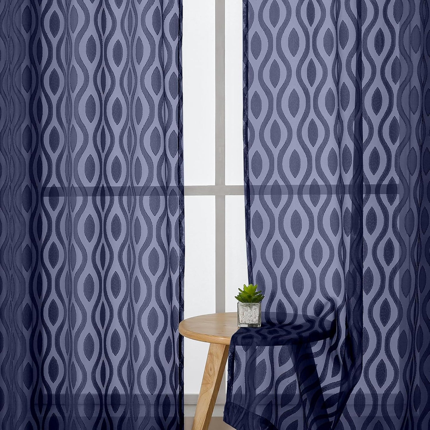 Aiyufeng Blue Sheer Curtains 54 Inch Length 2 Panels, Soft Lightweight Clip Jacquard Textured Sheer Curtain Panels, Modern Wavy Line Voile Sheer Curtains for Bedroom Living Room, 40" Wx54 L Inches