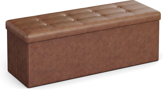SONGMICS Mazie Collection - 43 Inches Folding Storage Ottoman Bench, Ottoman with Storage, Foot Rest Stool, Load 660 lb, Living Room, Bedroom, Entryway, Synthetic Leather, Coffee Brown ULSF070K01