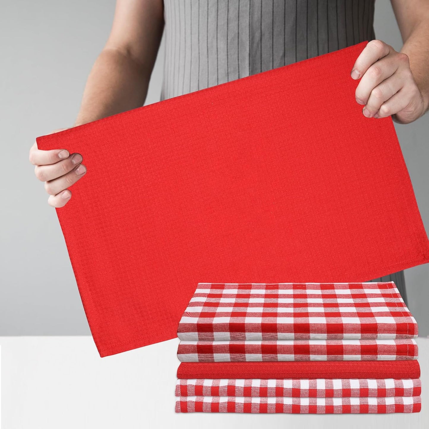 Kitchen Towels Set of 6 Soft Premium Cotton Highly Absorbent Dish Towels 18x28 Inches, Washable & Reusable Tea Towel, Quick Drying Dish Cloths with Hanging Loop - Red/White, Checks